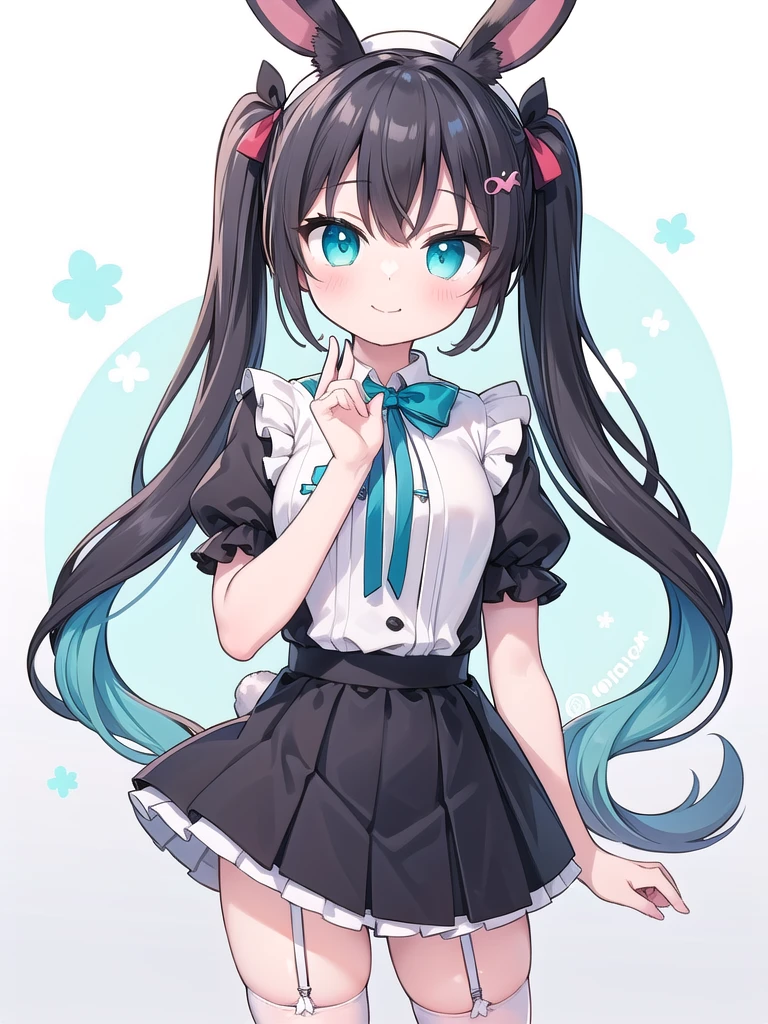 1girl, best quality, perfect hands, (black rabbit ears:1.5), (long rabbit ears:1.5), (rabbit girl:1.5), smile, (black hair:1.5), (cyan streaked hair:1.5), (cyan colored inner hair:1.5), (black to cyan gradient hair:1.5), very long hair, twintails, (red hair bow:1.5), cyan eyes, hair ornament, (white hoodie with cyan:1.5), short sleeves, black pleated skirt, very short skirt, (white thighhighs:1.5), (white garter straps:1.5), (white beret:1.5), blush