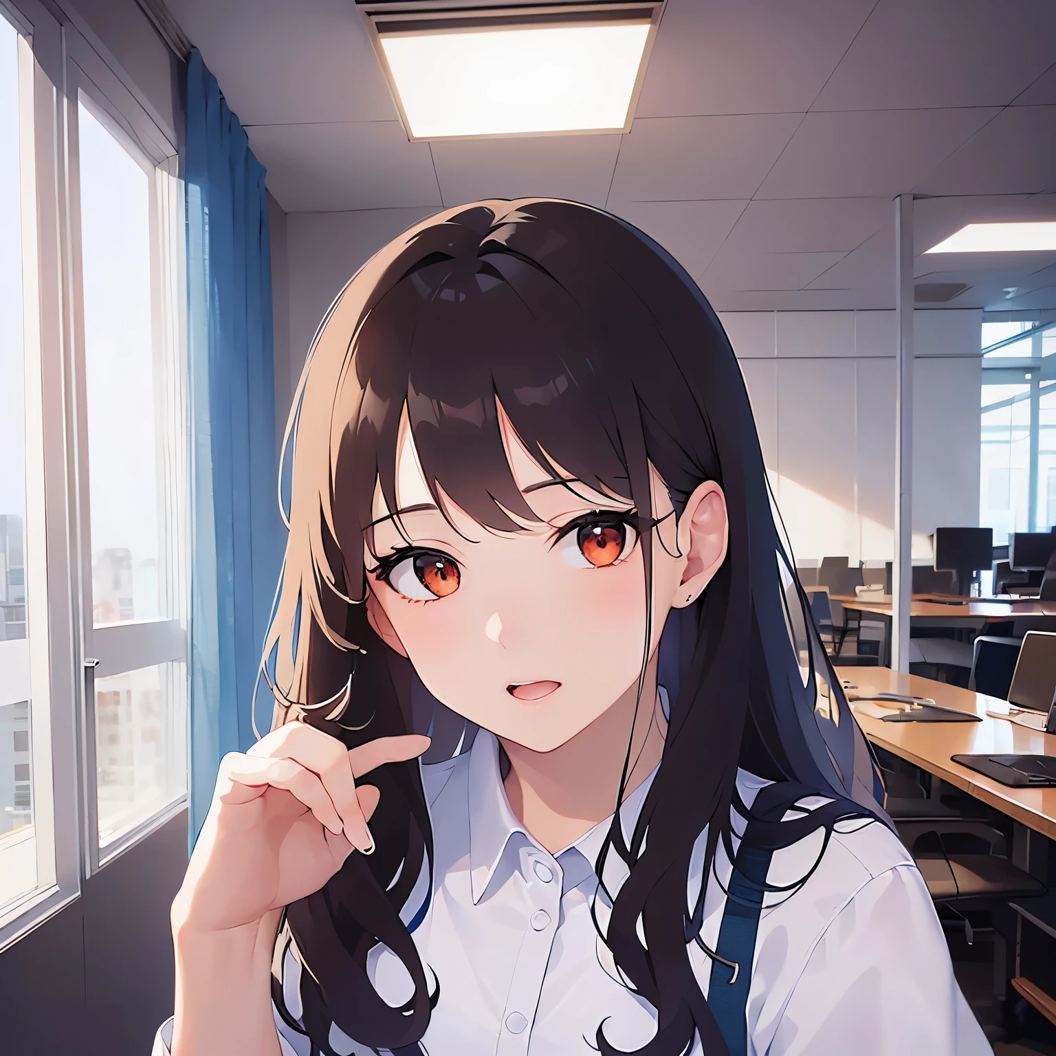 raising hand、Biologically correct five fingers、Upper Body, Realistic, real person, (pale skin: 1.2), RAW photo, photorealistic, portrait photography, shiny skin, shiny hair、(25 year old woman with medium hair with bangs) and (wavy hair) and (brown hair) and (orange eyes) ,(white collared shirt), surprised, The background is an office conference room、Alone、Are standing