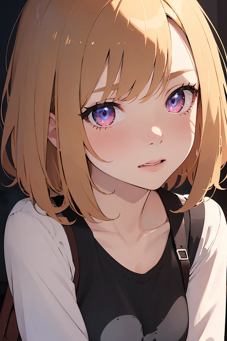 masterpiece, absurdres, best quality, ultra detailed, high Resolution, detailed illustration, bright colour, (extremely beautiful detailed face and eyes, Delicate beautiful face, 1 girl, 18yo, cute face:1.3), (magenta eyes:1.1), sparkling eyes, big eyes, (medium breasts:1.3), (perky breasts:1.1), (pointy breasts:1.1), medium hips, glamorous body, white skin, BREAK, (blonde hair:0.8), messy hair, detailed hair, shiny hair, BREAK (school uniform, down blouse:1.3), perfect lighting, (ecstasy, vulgarity:1.5), (Embarrassed:1.3), bedroom, (fella, cum:1.3),