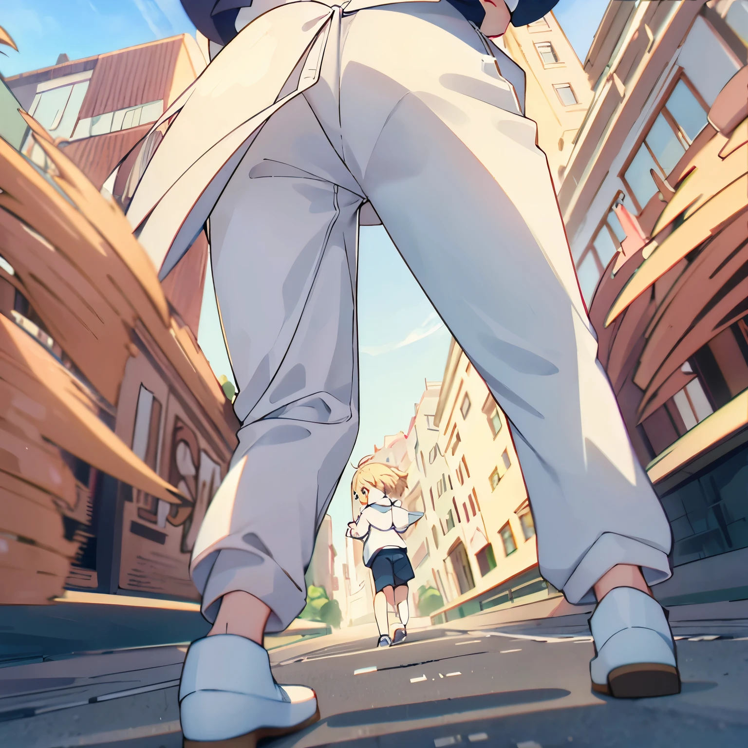 1girl,6 years old,blonde hair ,Running facing backwards, camera angle from behind, photo from behind, looking away,,blonde hair,blonde hair,short hair, blue eyes,White hoodie, white trousers,very short hair, side bangs,full body photo,ultra detail, ultra HD