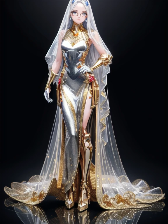 5 8K UHD,
Two beautiful women with exposed internal skeletons in silver metallic bespectacled bodies kneeling,
Gold and silver metal robot with transparent crystal glass exoskeleton,
wear clear princess dress,
The face is a beautiful human face