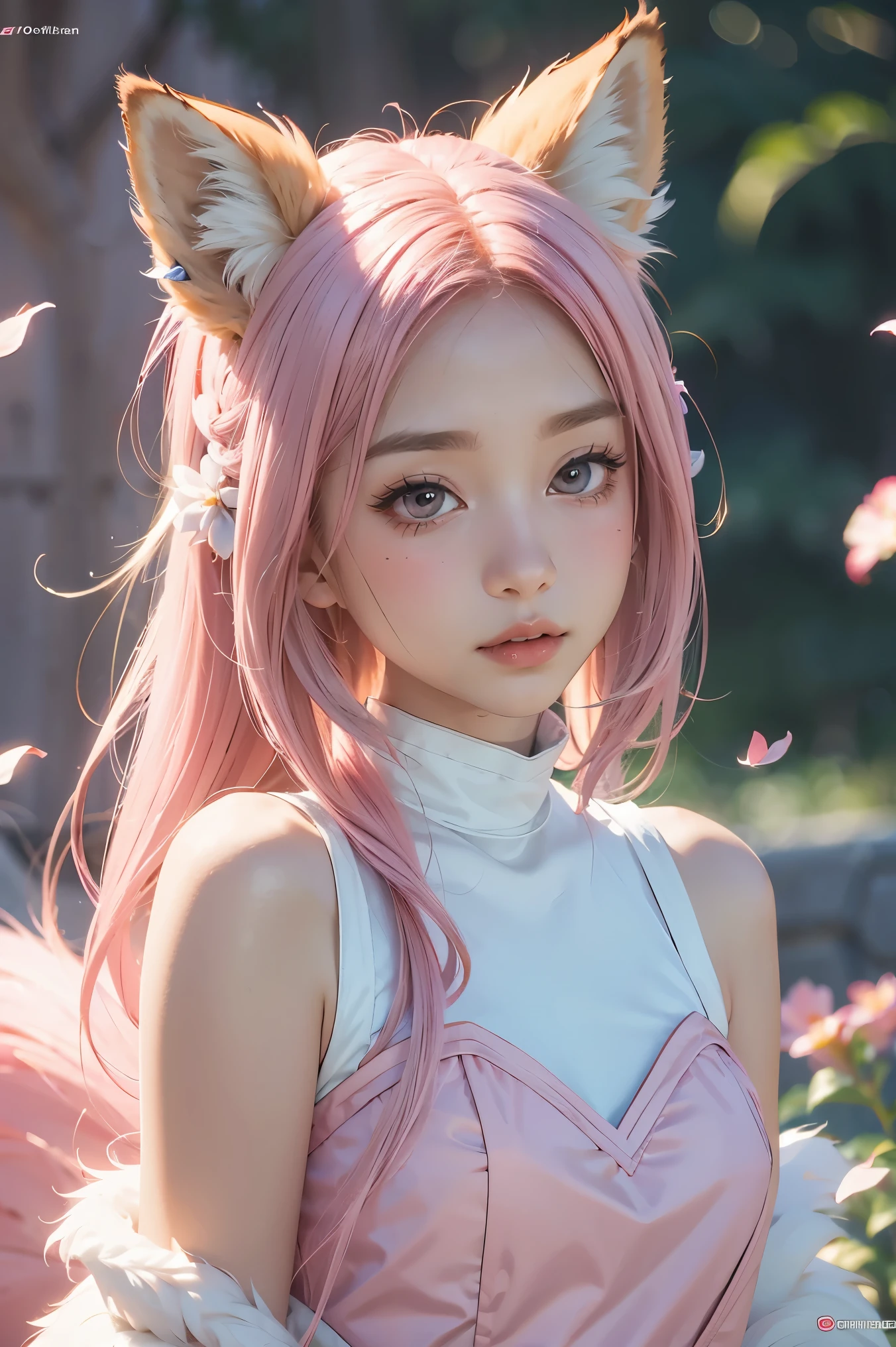 Nine snow-white fox tails (1.0), milky fox tail (1.0), fox close-up of nine tails, nine-tails, nine-tails, anime girl with pink hair and pink dress with flowers on her hair, very beautiful anime fox girl, beautiful anime fox girl, beautiful fantasy anime, guweiz, anime girl with fox ears, beautiful anime girl, very beautiful and cute fox girl, pink flower rain, background blur, anime style 4 K, anime fantasy artwork, 4k anime wallpaper, Artwork in the Guvez style