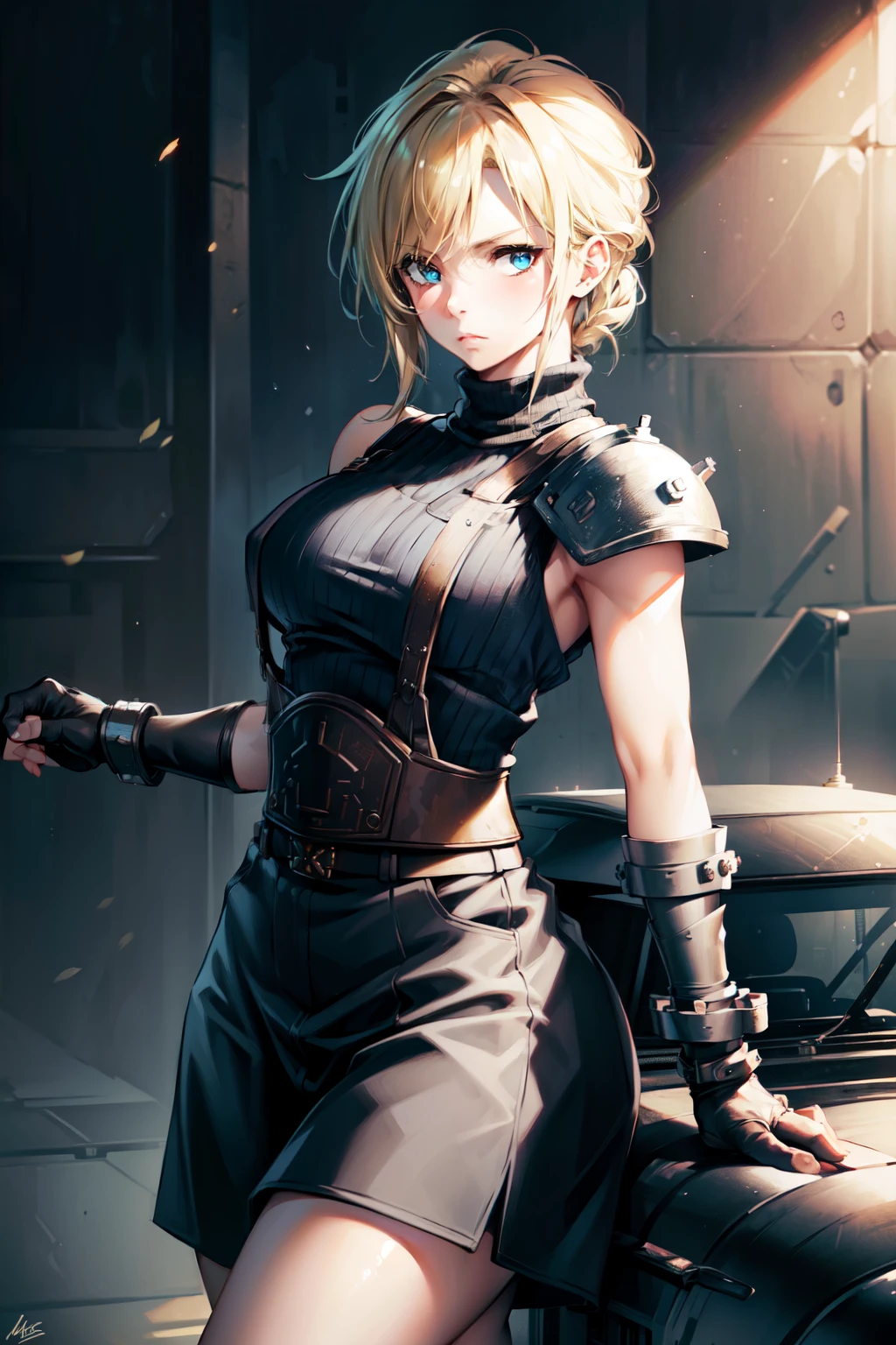 (masterpiece, best quality:1.2), expressive eyes, perfect face, highres, 1 girl, solo, (female:1.5), strife, blonde hair, shoulder armor, sleeveless turtleneck, suspenders, belt, gloves, bracer, blushing, surprised face, standing, portrait, looking at viewer,