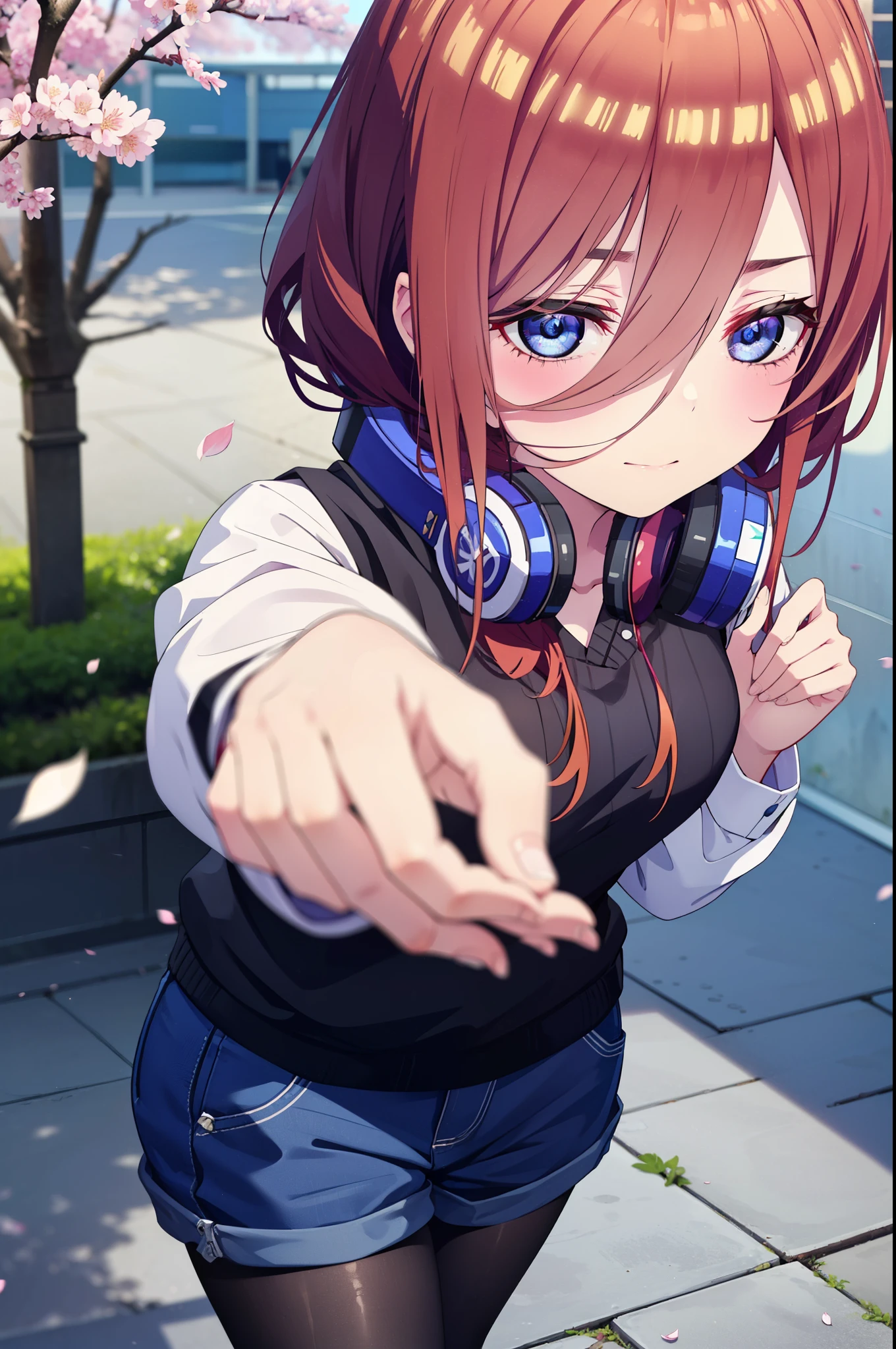 Miku Nakano, Miku Nakano, Long Hair, bangs, blue eyes, brown hair, shirt, White Hair Band,Hair between the eyes, smile,blush,Open your mouth,Headphones around neck,オーバサイズチェック柄shirt,Shorts,Black pantyhose,short boots,Cherry blossoms are blooming,Cherry blossoms are scattered,Cherry blossom tree-lined path,whole bodyがイラストに入るように,
break outdoors, garden,
break looking at viewer,whole body,  (Cowboy Shot:1. 5)
break (masterpiece:1.2), highest quality, High resolution, unity 8k wallpaper, (figure:0.8), (Beautiful fine details:1.6), Highly detailed face, Perfect lighting, Highly detailed CG, (Perfect hands, Perfect Anatomy),