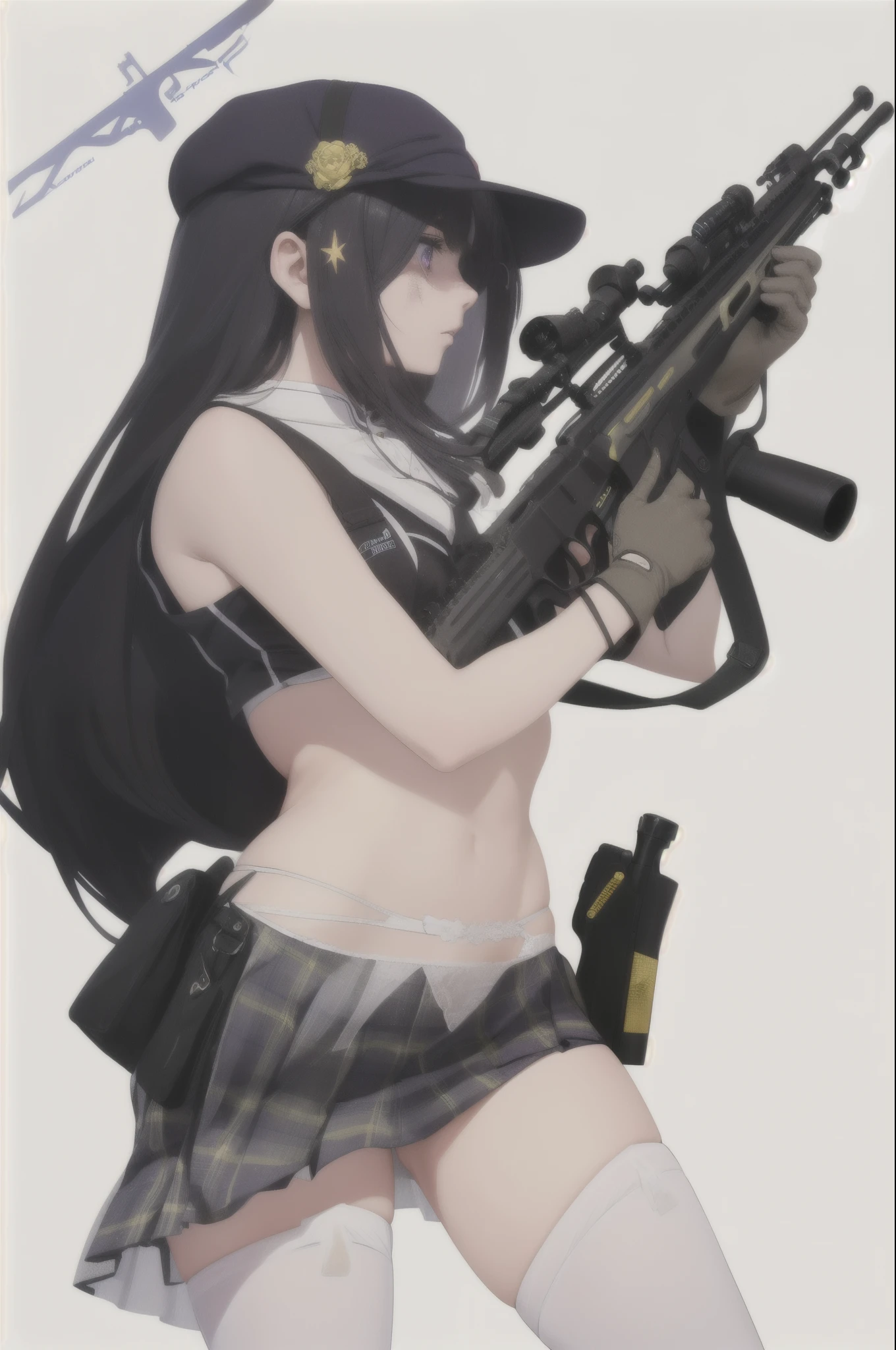 ((best quality)), ((masterpiece)), ((extremely detailed)), (perfect composition), (perfect anatomy), illustration, high-res, realistic, [clean and clean], prefect lighting, dynamicangle, 1girl, HK416, sole, full body, uniform, matured, Emilia re:zero, purple eyes, Emilia, crown braid, x hair ornament, flower hair ornament, white hair, long hair, medium breasts, teardrop, thighhighs, [spread legs], (minigirl:1.3), (holding a rifle), medium breasts, parted lips, enchanting expressionless, underboob, skirt, gloves, (pure white panties, see-through:1.1), ((zettai ryouiki)):1.35, facial mark, hair ornament, jacket, plaid, beret, plaid skirt, holster, teardrop, long eyebrows, oval beautiful eyeballs, (Detailed eyes description), look into the distance, nature. 