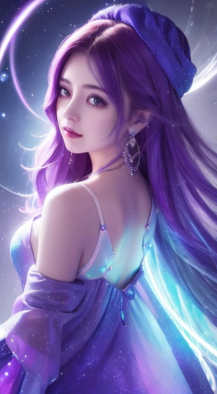 end: The mysterious quantum environment, Cosmic elements and ethereal atmosphere,Bright light mixed with colorful nebulae. he: A mysterious girl with a magical aura. he女にはたっぷりの時間がある, Colorful wavy curls, Shiny hair stands out. heの目は深く、Expressive, The Universe of Reflection. he女は紫と青のゆったりとしたドレスを着ていた...., Intricate details and mysterious textures. Color Palette: A mysterious combination of colors, like cosmic purple, Celestial, Soft pink and gold touches. Creating Contrast, Increase Depth, Dark, Like dark purple or night blue. beautiful: The aesthetics combine elements of Mistycore, Known for its mysterious and fantastical atmosphere, and crystalline nuclei, With crystal clarity and vivid details. The girl exudes magical energy.,heの存在がhe女に迫っている,attractive. Covered with: Keep a subtle bright effect and glow overlay around the girl, Covered with: Add a soft glow effect around the girl and crystal, It's almost as if it exudes magic. Also, Add small flash details to create an ethereal atmosphere, Full Body Capture.(Beautifully detailed eye depiction),Unreal Engine:1.4,Ultra-high resolution,Best Quality:1.4, (Realistic:1.4),( Skin Texture:1.4), (masterpiece:1.8)