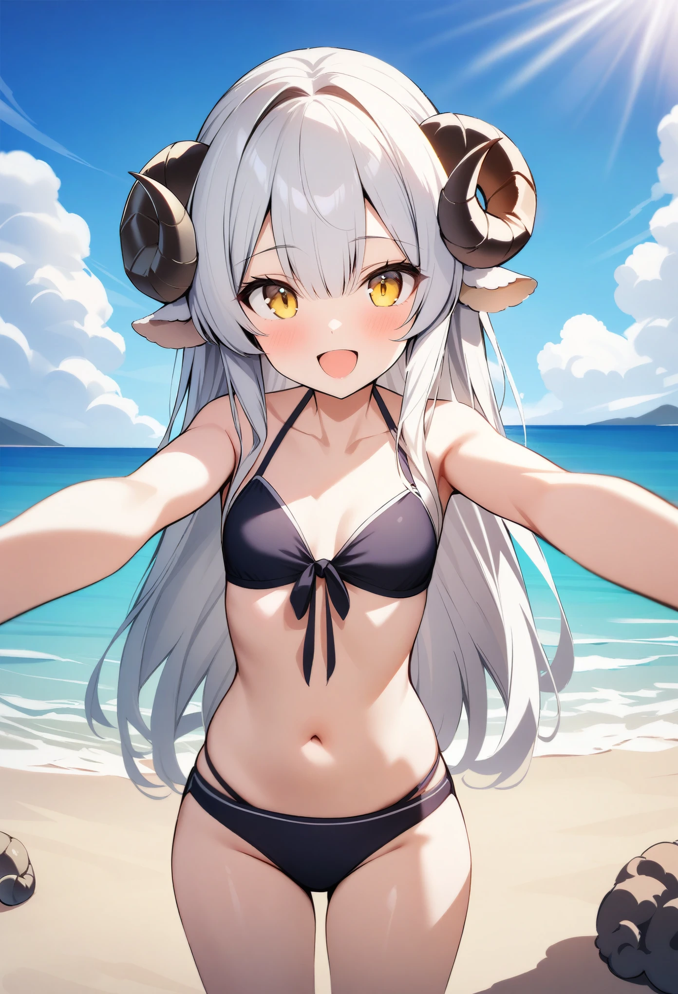 (masterpiece, best quality, ultra high quality), (score_9, score_8_up, score_7_up), 1girl, solo, white hair, long hair, hime cut, long bangs, yellow eyes, sheep horns, curled horns, black horns, sheep ears, happy, :d, small breasts, standing, spread arms, upper body, swimsuit, surtr swimsuit, she is in the beach, ocean behind, day, sunrays