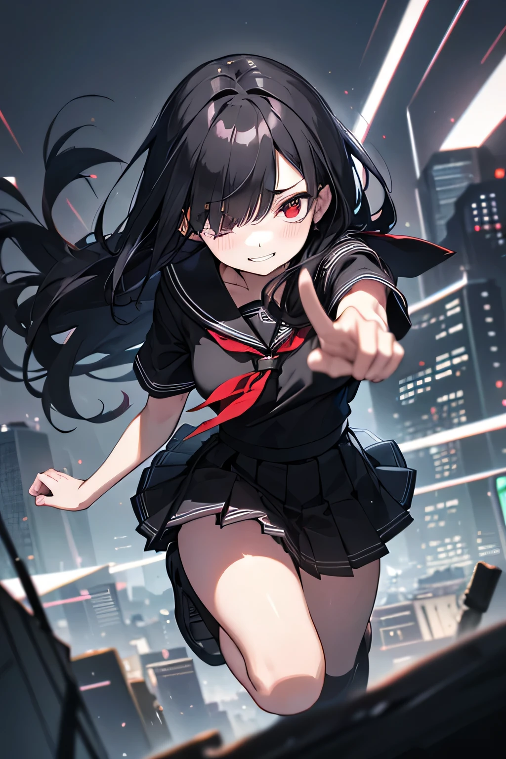 (8K, best quality, master piece: 1.2), super high resolution, depth of field, pure white official art, ((hair over one eye)), ultra-detailed face, detailed eyes,17-year-old girl,cute,(White knee-high socks),red eyes,wearing black serafuku, (black:1.5), (abdomen), sailor suit, (big sailor collar), (black sailor collar), red tie , (black tops: 1.5),short sleeves, (Hem out), (black pleated skirt), shiny black hair,straight hair,biting lower lip,seductive grin,gasped,nose blush,long hair,professional writing,point of view shot,Jumping knee strike,(Has a machine gun),Abandoned city