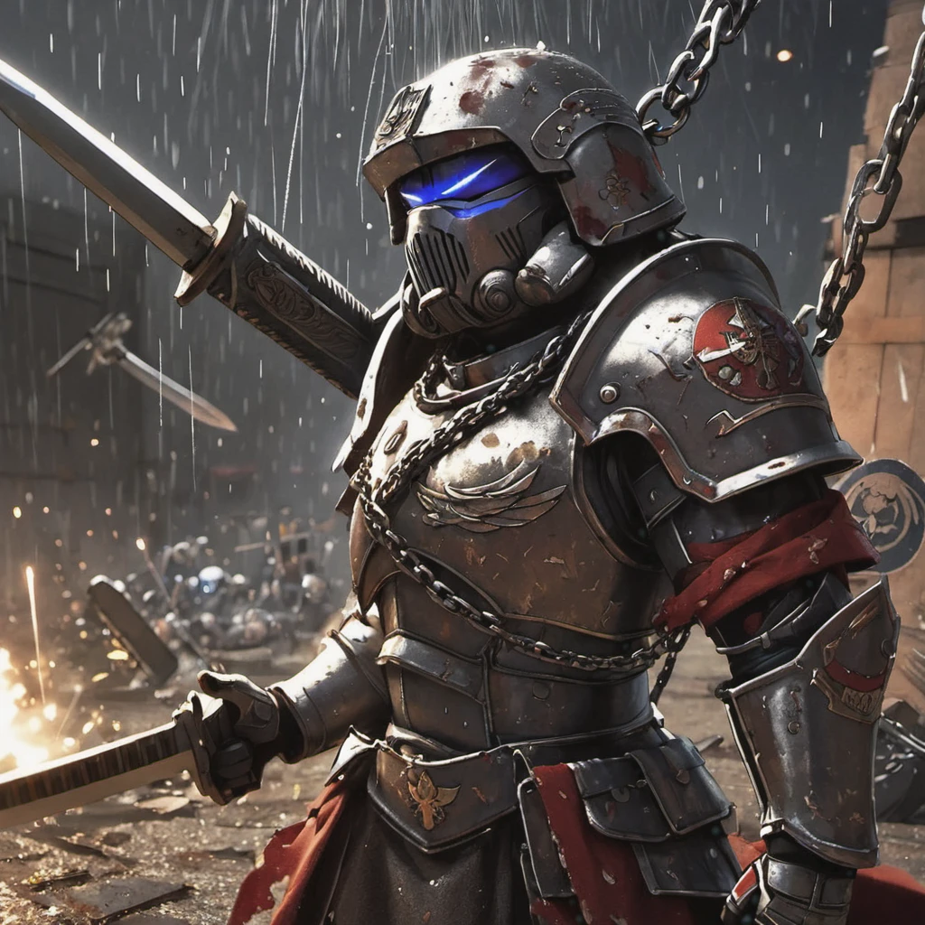 (best quality,4k,8k,highres,masterpiece:1.2),ultra-detailed,(realistic,photorealistic,photo-realistic:1.37),warhammer 40k, bloody, battered, Space marine, bruised, damaged armor, defiantly wielding a chain sword, grim determination on his face, intense battle scars, battle-hardened, battle-worn, battle-damaged, war-torn, post-apocalyptic, futuristic battlefield, dark and gritty atmosphere, shadows and smoke, intense lighting, heavy rain pouring down, sparks flying from the chain sword, detailed facial features, piercing eyes, rugged facial hair, muscular physique, power armor, worn-out insignia, weathered textures, scratched and dented armor plates, rivets and bolts, bullet impacts, glistening blood stains, torn and tattered fabric, ripped cape, emblematic symbols, unique heraldry, battle honors, war trophies, war paint, dirt and grime, tension and anticipation, epic confrontation.