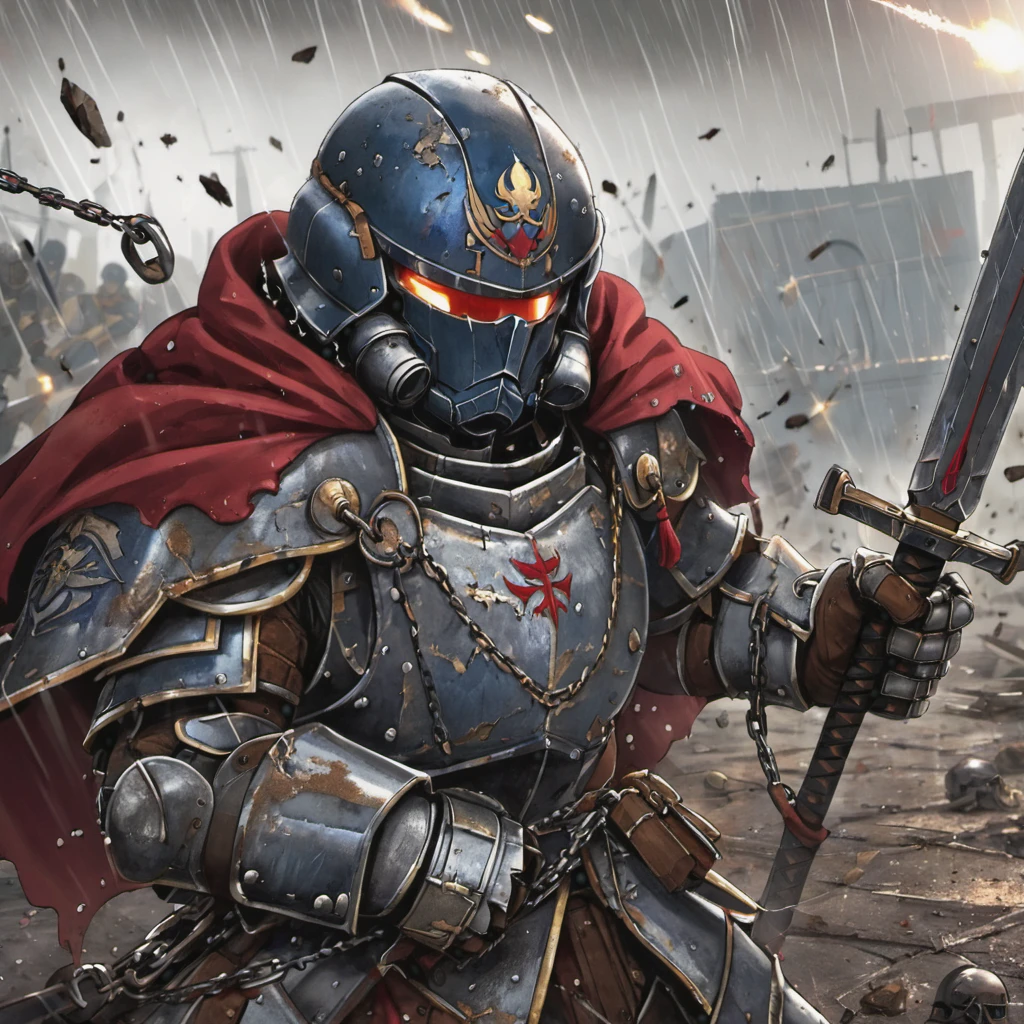 (best quality,4k,8k,highres,masterpiece:1.2),ultra-detailed,(realistic,photorealistic,photo-realistic:1.37),warhammer 40k, bloody, battered, Space marine, bruised, damaged armor, defiantly wielding a chain sword, grim determination on his face, intense battle scars, battle-hardened, battle-worn, battle-damaged, war-torn, post-apocalyptic, futuristic battlefield, dark and gritty atmosphere, shadows and smoke, intense lighting, heavy rain pouring down, sparks flying from the chain sword, detailed facial features, piercing eyes, rugged facial hair, muscular physique, power armor, worn-out insignia, weathered textures, scratched and dented armor plates, rivets and bolts, bullet impacts, glistening blood stains, torn and tattered fabric, ripped cape, emblematic symbols, unique heraldry, battle honors, war trophies, war paint, dirt and grime, tension and anticipation, epic confrontation.