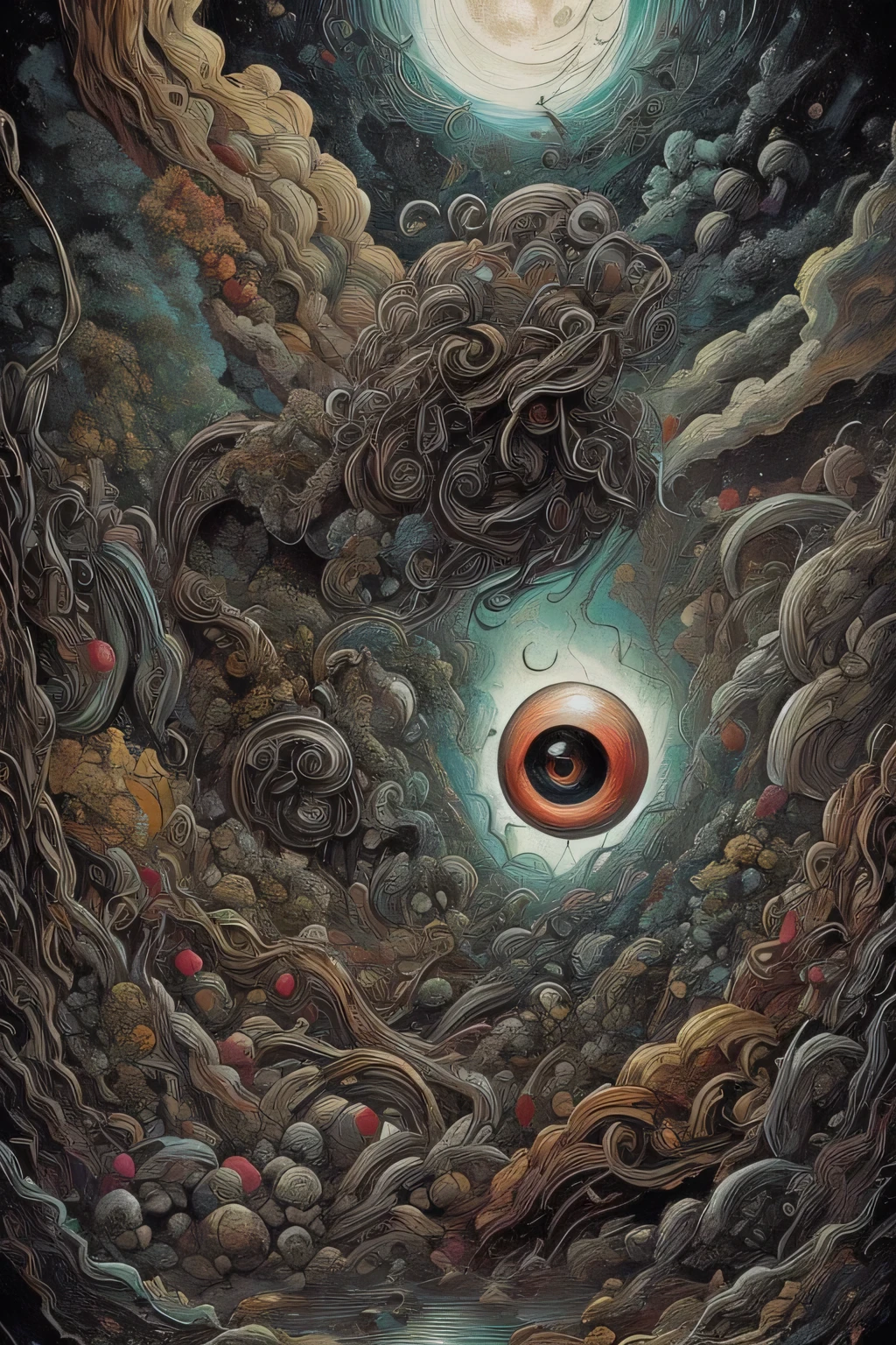 An eyeball-shaped anima falling onto Cocytus,oil