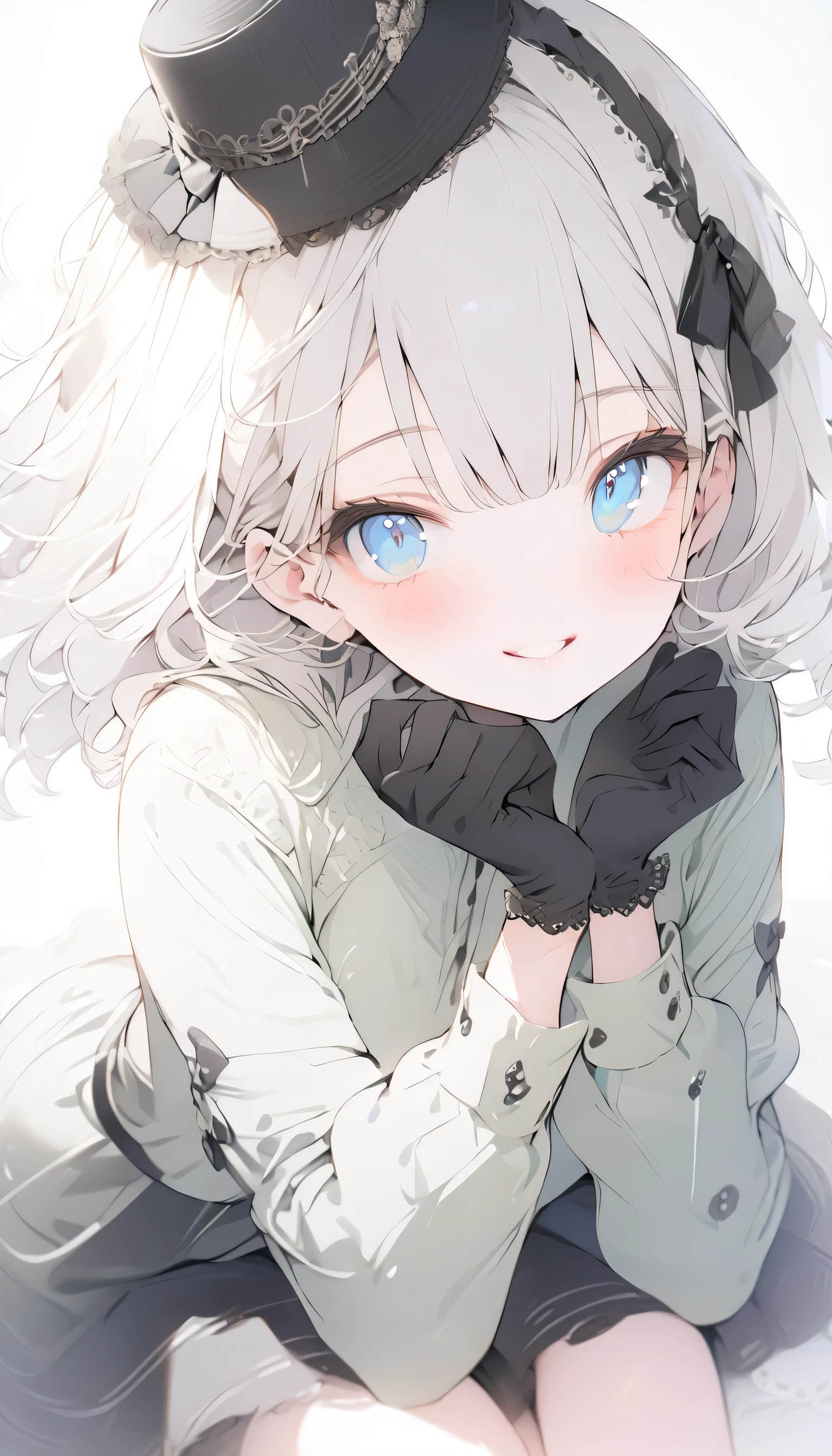 highest quality)), ((masterpiece)), Perfect Face((highest quality))cute,beautiful girl,Pure white hair,bangs,Medium Hair,blue eyes.alone,smile,cute,Casual Coordination、green、Black gloves、Small hat