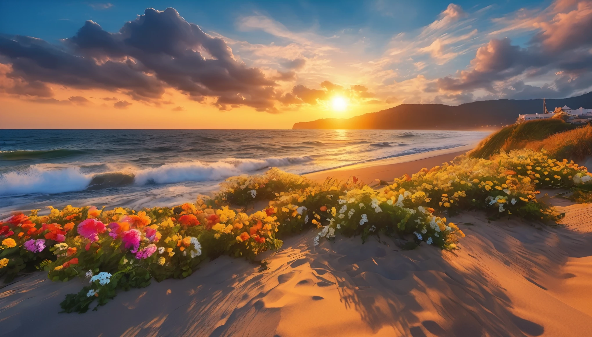 The background of the picture is peaceful by the sunset sea, and the sun was shining brightly, The waves crash against the beach, colorfyl Flowers bloom on the beach, Melodious sound, Strange clouds stand out, first-person view, panorama, UHD,(Best Quality),(Masterpiece Photos), (Details:1.4),(8k Highly Detailed)(Best Quality),(Best Shading)