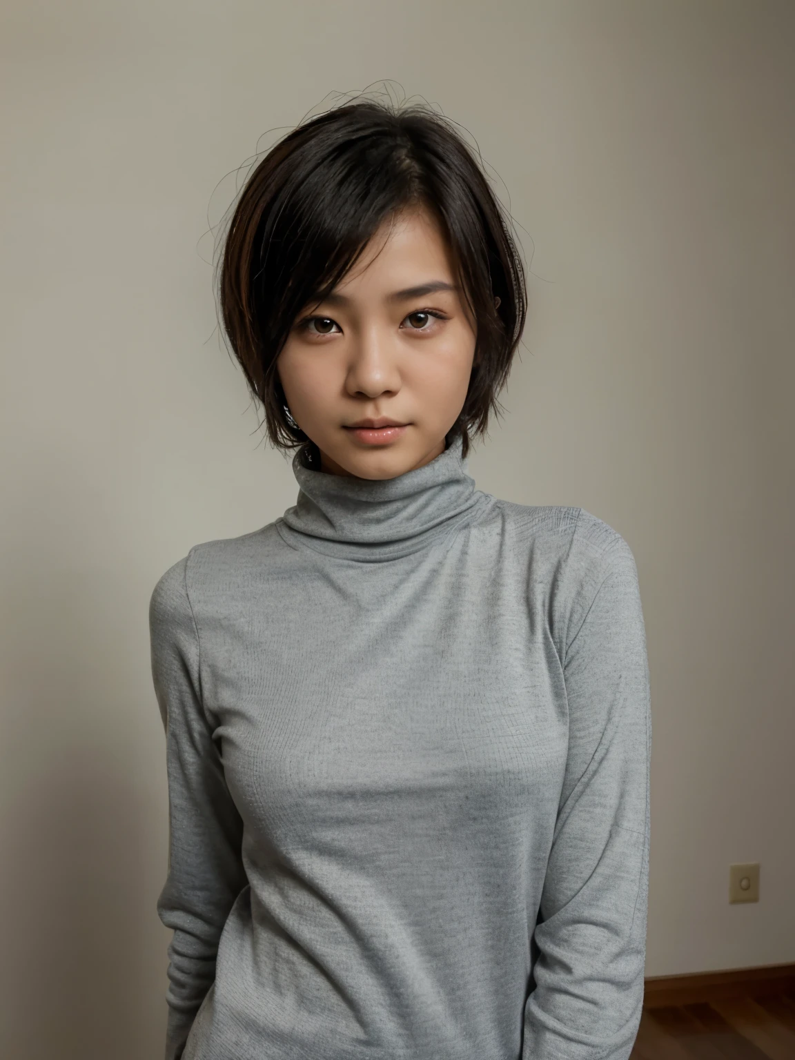 a very cute asian girl wearing gray chest-hole-cut-out turtleneck,short hair, raw photo
