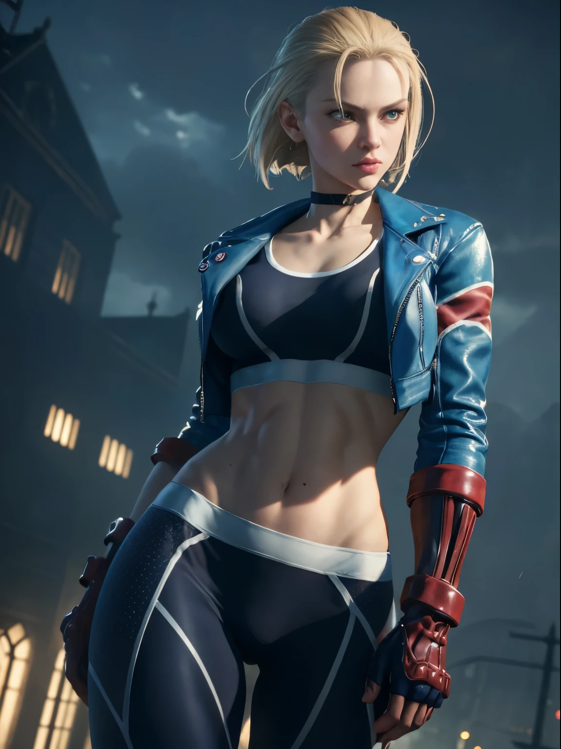 cammy white,1 girl,(exquisitely detailed CG unity 8k wallpaper, masterpiece-quality with stunning realism), (best illumination, best shadow), (best quality), heroic pose, navy blue sports bra,erected nipples, light blue open jacket, navy blue yoga pants, red gloves, Abdominal muscle, muscles, abs, depth of field blur effect, full zoom, action portrait, photorealistic. cinematic lighting, highly detailed. best quality, 4k, Better hand, perfect anatomy, leaning forward, foreshortening effects, (leaning forward:1) (cute coy flirty sexy expression), foreshortening effect, (piercing eyes:0.8), surrounded by an ominous and dark atmosphere, accentuated by dramatic and striking lighting, imbued with a sense of surreal fantasy", (london city background), (pretty cute face:1.3) ,dynamic pose,from below,spread legs