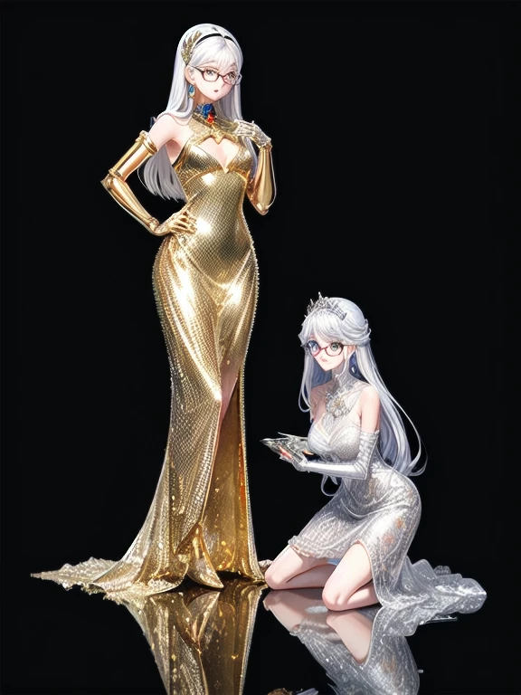Two women in dresses standing side by side in a hallway, シルキーcovered in gold, Golden Dress, covered in gold, Gold Silk, Elegant evening dresses!, Aodai, Elegant gold body, シルキーパープルとcovered in gold, In Ram Man style, Golden Goddess, Golden Robe, Wearing a long gown, Golden Clothes, Golden hues appear naturally