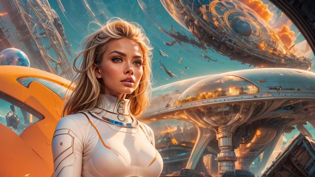 arafed image of a white woman in a futuristic suit with a spaceship in the background, movie art, in front of an orange background, inspired by Robert McGinnis, female protagonist, megastructure in the background, portrait of an ai astronaut, astronauts, an astronaut, portrait of a astronaut skeletor, perfect android girl, detailed eyes, perfectly detailed teeth, frank franzzeta and sakimichan