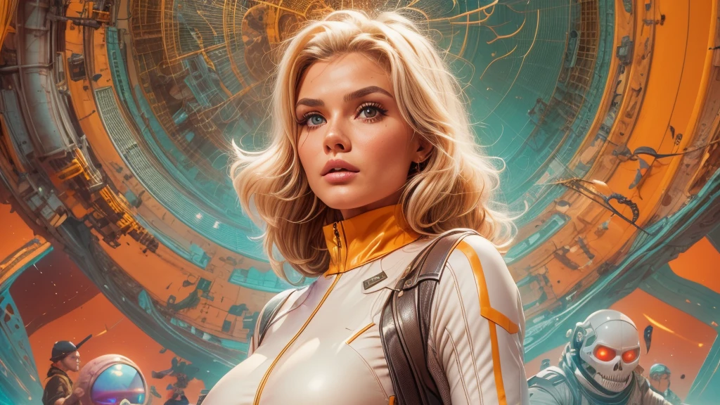 arafed image of a white woman in a futuristic suit with a spaceship in the background, movie art, in front of an orange background, inspired by Robert McGinnis, female protagonist, megastructure in the background, portrait of an ai astronaut, astronauts, an astronaut, portrait of a astronaut skeletor, perfect android girl, Highly Detailed Face and Skin Texture, Detailed Eyes, Double eyelids, perfectly detailed teeth, frank franzzeta and sakimichan  