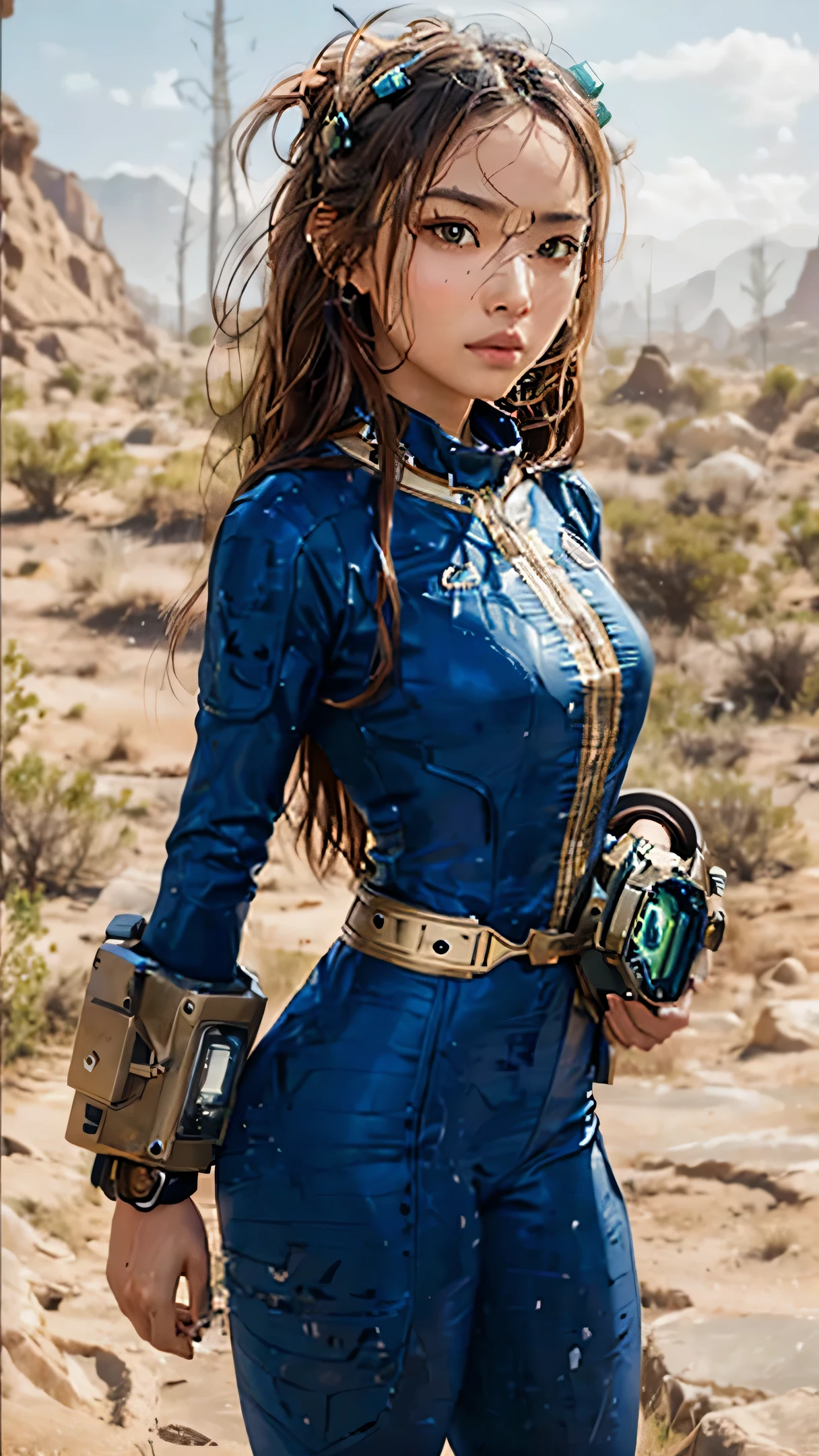 In this 8k CG masterpiece, a stunningly beautiful Asian girl stands proudly amidst the arid wasteland, her perfect face and body radiating in hyper-realistic detail. her alabaster skin is meticulously rendered, each pore and wrinkle visible yet smooth to the touch. Her long, wavy chestnut hair is tousled by the wind, framing her perfectly symmetrical, oblong face. Her piercing green eyes gazed intently, full of life and curiosity. She wears a sleek vaultsuit, the advanced technology integrating seamlessly with her body, and on her wrist, the iconic pipboy3000. The shallow depth of field and diff