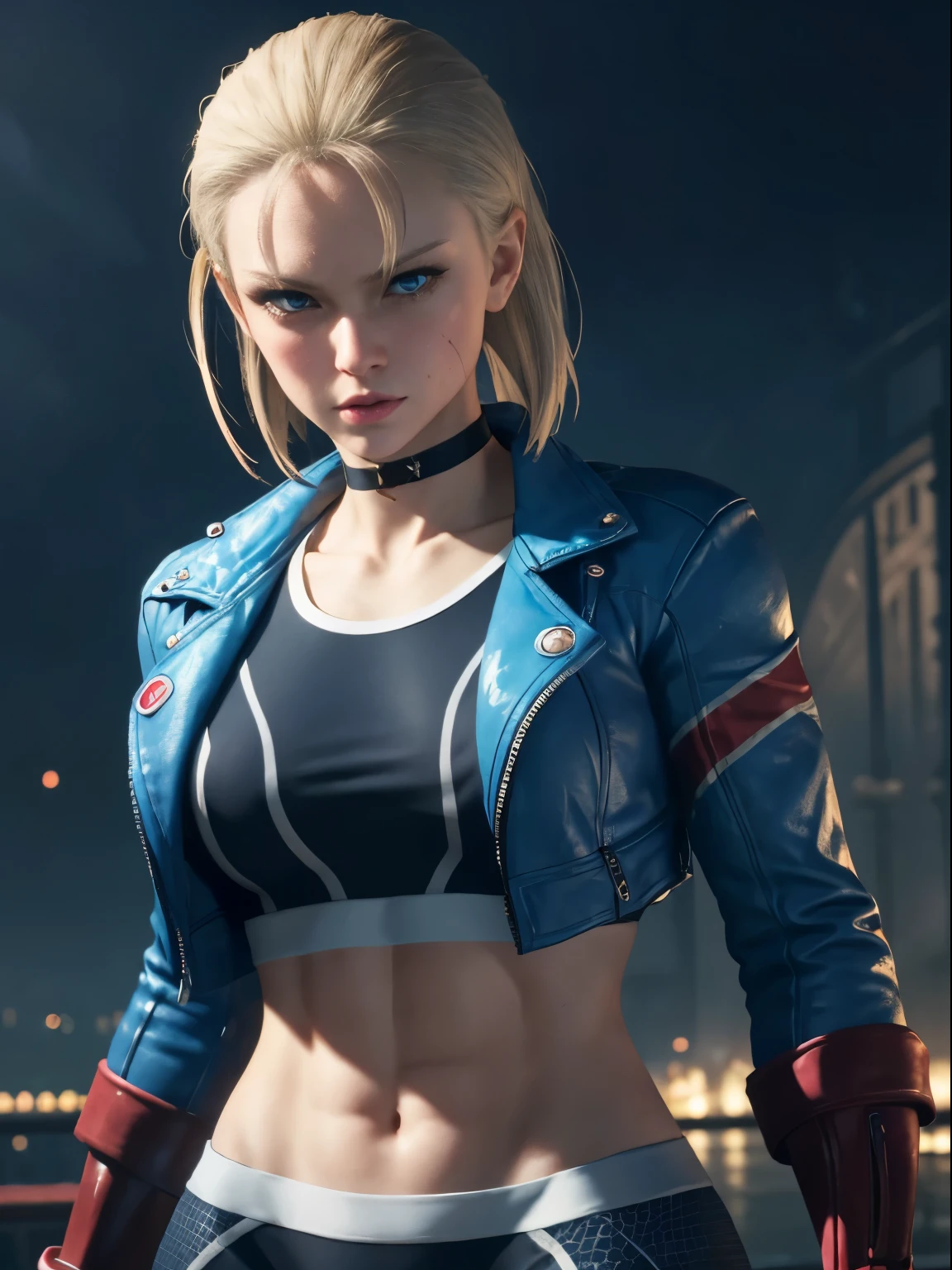 cammy white,1 girl,(exquisitely detailed CG unity 8k wallpaper, masterpiece-quality with stunning realism), (best illumination, best shadow), (best quality), heroic pose, navy blue sports bra,erected nipples, light blue open jacket, navy blue yoga pants, red gloves, Abdominal muscle, muscles, abs, depth of field blur effect, full zoom, action portrait, photorealistic. cinematic lighting, highly detailed. best quality, 4k, Better hand, perfect anatomy, leaning forward, foreshortening effects, (leaning forward:1) (cute coy flirty sexy expression), foreshortening effect, (piercing eyes:0.8), surrounded by an ominous and dark atmosphere, accentuated by dramatic and striking lighting, imbued with a sense of surreal fantasy", (london city background), (pretty cute face:1.3) ,dynamic pose,from below,spread legs