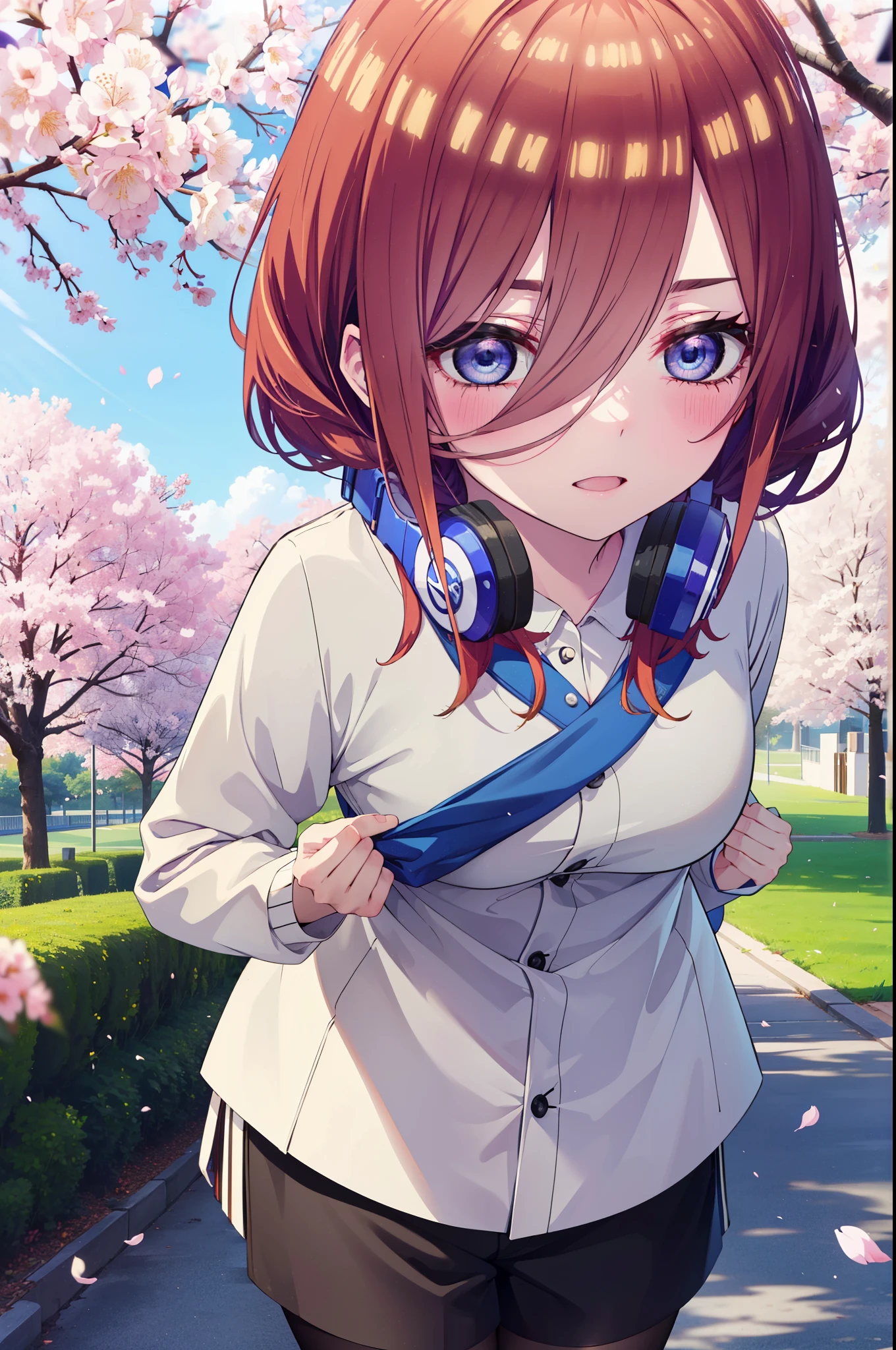 Miku Nakano, Miku Nakano, Long Hair, bangs, blue eyes, brown hair, shirt, Short braided hair,Headlock,White headband,Hair between the eyes, smile,blush,Open your mouth,Headphones around neck,オーバサイズチェック柄shirt,Shorts,Black pantyhose,short boots,Cherry blossoms are blooming,Cherry blossoms are scattered,Cherry blossom tree-lined path,whole bodyがイラストに入るように,
break outdoors, garden,
break looking at viewer,whole body,  (Cowboy Shot:1. 5)
break (masterpiece:1.2), highest quality, High resolution, unity 8k wallpaper, (figure:0.8), (Beautiful fine details:1.6), Highly detailed face, Perfect lighting, Highly detailed CG, (Perfect hands, Perfect Anatomy),