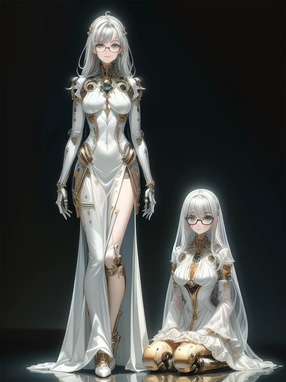 5 8K UHD, 
Two beautiful robot women with exposed internal skeletons in silver metallic bespectacled bodies kneeling,
 Gold and silver metal robot with transparent crystal glass exoskeleton,
 wear clear princess dress,
The face is a beautiful human face
