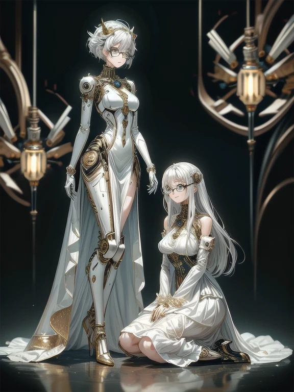 5 8K UHD, 
Two beautiful robot women with exposed internal skeletons in silver metallic bespectacled bodies kneeling,
 Gold and silver metal robot with transparent crystal glass exoskeleton,
 wear clear princess dress,
The face is a beautiful human face
