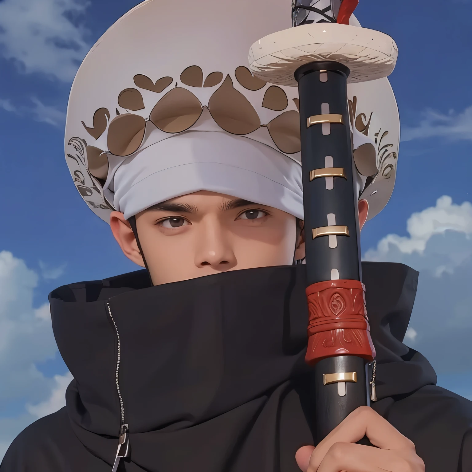 Handsome male, law in one piece, brown eyes,Holding a sword ,Wearing a big white hat