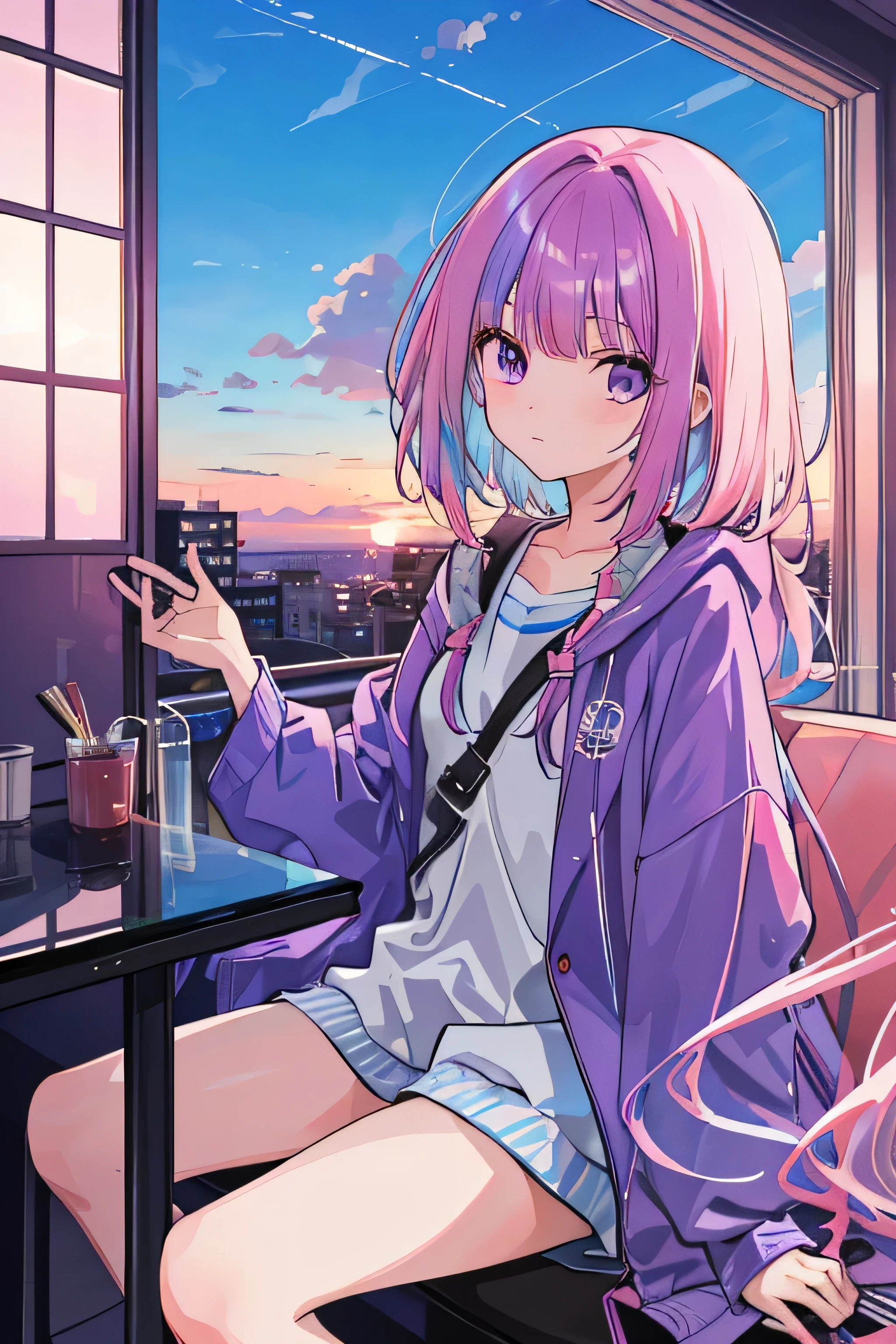 NSFW.1 girl, alone, Mixed hair color, blue sky, pink, Purple dye, Swirly Hair, long hair cut, Near the window, Sunset outside, Reflective Glass.