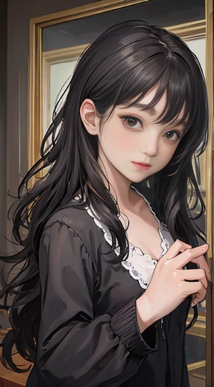 (masterpiece, best quality:1.4), looking at viewer,
(wavy hair:0.8), long hair, black hair, black theme,