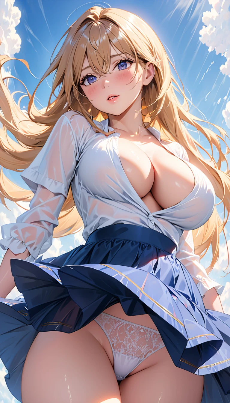 masterpiece:1.4,best-quality,Super Detail,Very Delicate and Beautiful, (( nsfw, low angle shot, underboob )), ((( She boldly flips up her skirt to show her panties ))), pretty slut, black miniskirt, panties, pussy juice, blonde long hair, very gigantic breasts, cleavage, very slender, perfect face