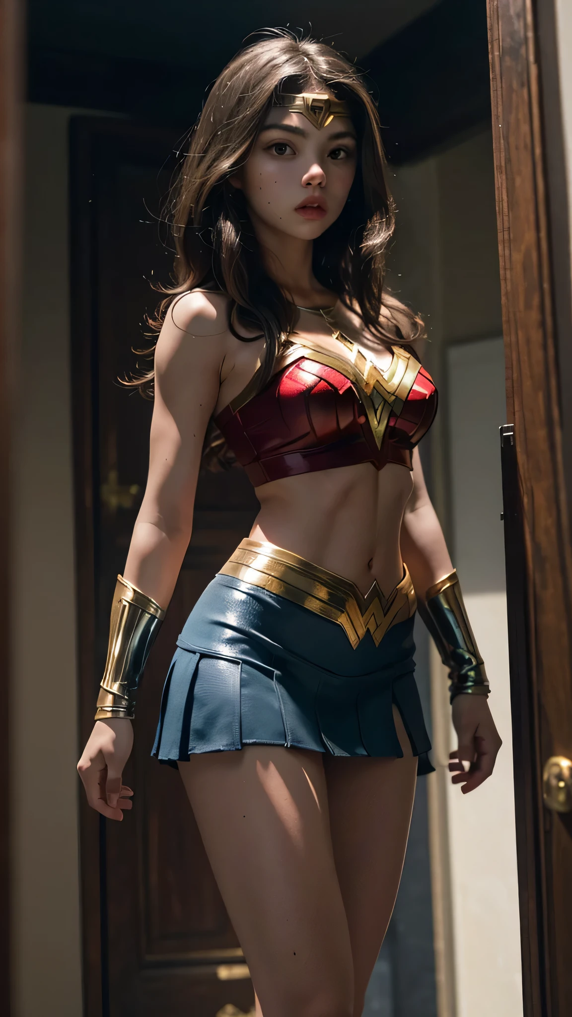 THYLANE BLONDEAU, full body sketch, big breasts, wonder woman costume dress, exposed toned abs and midriff, masterpiece,8k,detailed face and eyes