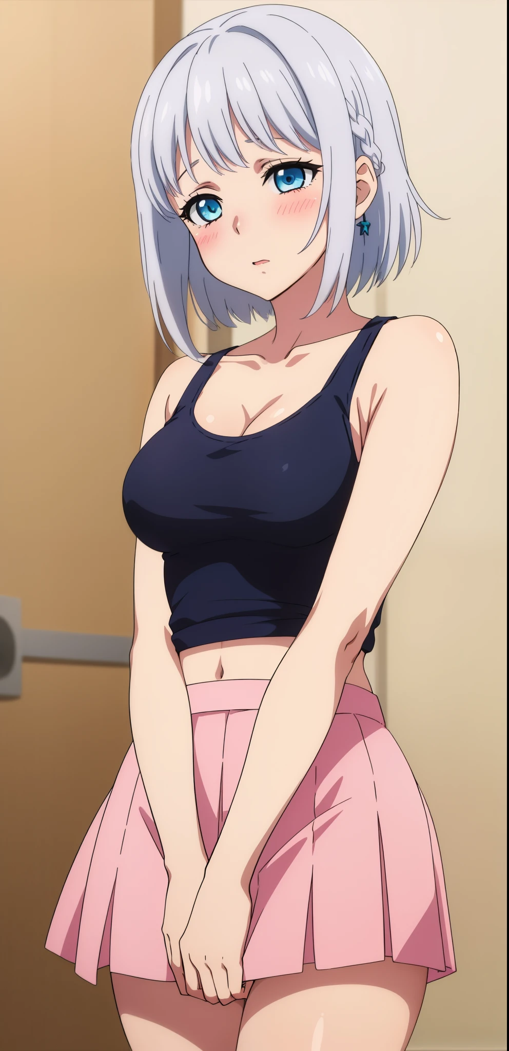 1 girl, kanon kanase, blush, medium breasts, sleeveless, pink cropped tank top, pink short skirt, cowboy shot, 20-year-old, healthy skin, blushed, silver hair, blue eyes.