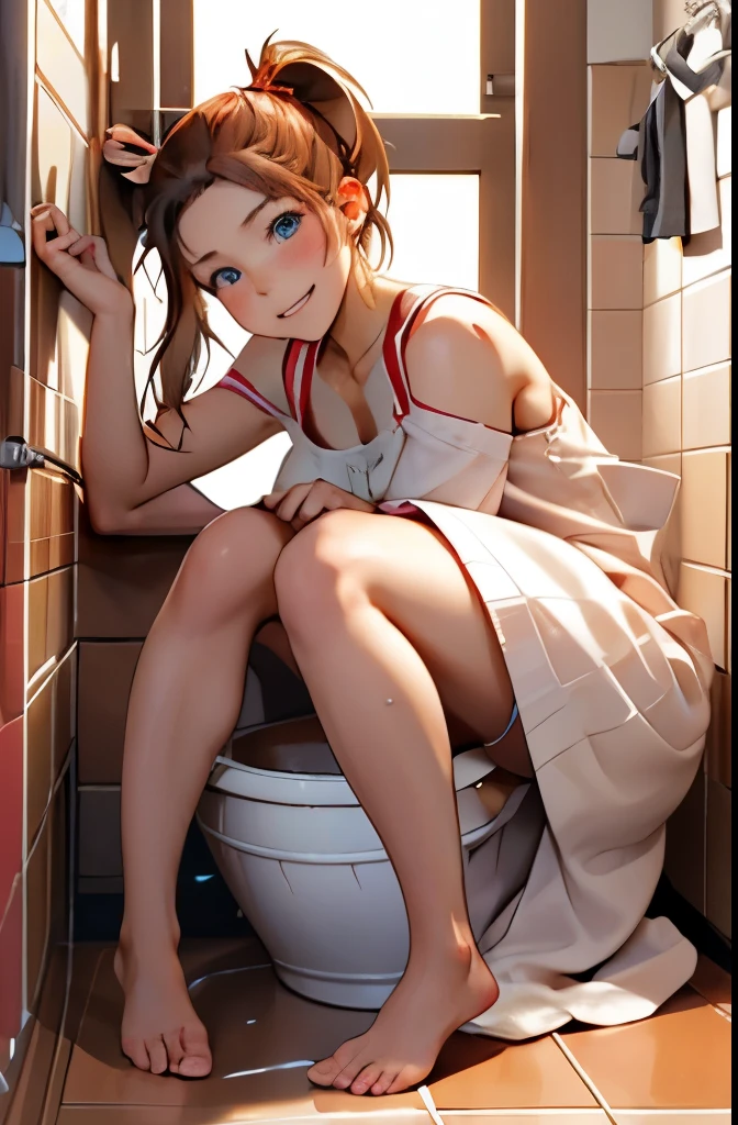 A Female robot is sleeping in bathtub, spread legs, nude, banzai pose. she wears no dress. She Brown short hair is tied with two big red clothespins, She lifts up the under hem of her white plain dress, leaning over, masterpiece, very short pigtails,brown hair, mature, android, blue eyes, full body figure, Height: 160cm, flushed cheeks, 2020s anime picture, A beautiful robot with short brown hair in two short pigtails held up by two very large huge red clothespins, Uplifting, No NSFW, whole body, barefoot, archaic smile, getting orgasm, 25 years old, sweat bucket.