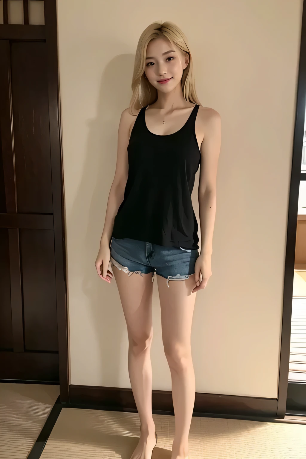 (masterpiece, best quality, 8k, RAW photo, beautiful and aesthetic:1.2),complex detail,ultra-detailed,(realistic skin), (((full body is in the frame))),(japanese woman, young, 22 years old, alone:1.3), ((tank top, sleeveless, color white, short)), (( color black, shorts, damage:1.2)), smile, (long hair, dark hair, blonde:1.2)、Are standing、whole body、Don't put your hands in your pockets、Hands are straight、The whole body fits into the frame、Short tank top