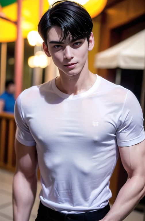 1boy, Italian man, young (male:1.5), grey eyes, slender eyes, (detailed eyes:1.3), (very short hair:1.3), under_cut, Pompadour, see-through:1.3 ((wet skinny T-shirt)), ((handsome, sharp, wild facial features,))), (robust muscular body), (robust physique), enjoying, dynamic shot, amusement waterpark background, 
eunwoo,