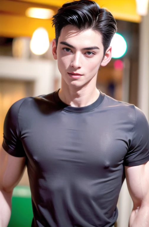 1boy, Italian man, young (male:1.5), grey eyes, slender eyes, (detailed eyes:1.3), (very short hair:1.3), under_cut, Pompadour, see-through:1.3 ((wet skinny T-shirt)), ((handsome, sharp, wild facial features,))), (robust muscular body), (robust physique), enjoying, dynamic shot, amusement waterpark background, 
eunwoo,