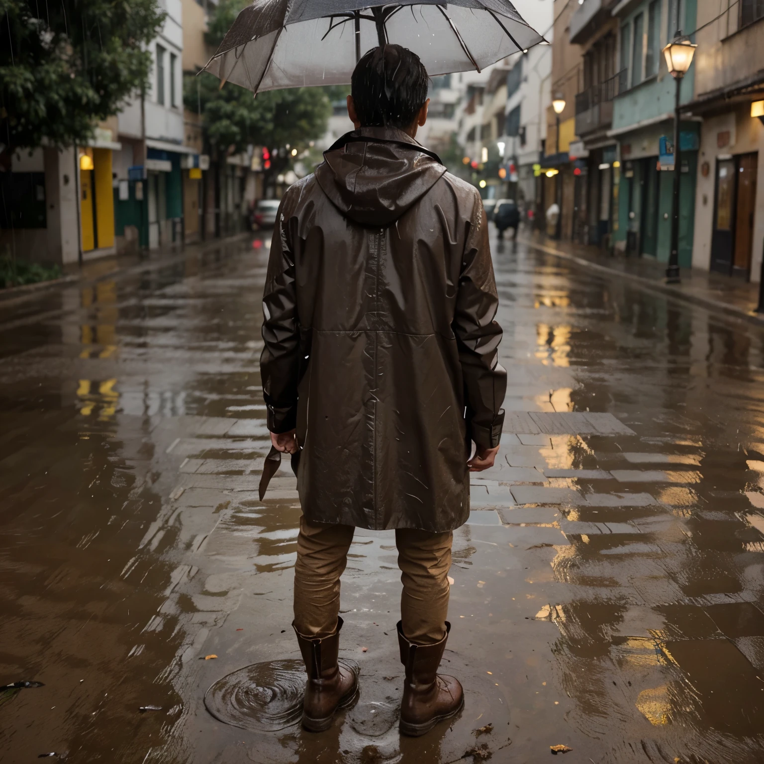 Entendido, here is a detailed description for the image:
En el centro de la imagen, there is a light brown puppy dog, with floppy ears and sad eyes. He is standing on a muddy ground wet from the rain, con charcos de agua alrededor. The dog is looking down, with ears back and muzzle slightly raised, like he was feeling the rain fall on him.
En el fondo, se pueden ver varias casas humildes con techos de zinc oxidado y paredes de colores desgastados. La lluvia cae en diagonal desde la parte superior izquierda de la imagen, creating a gloomy atmosphere and
