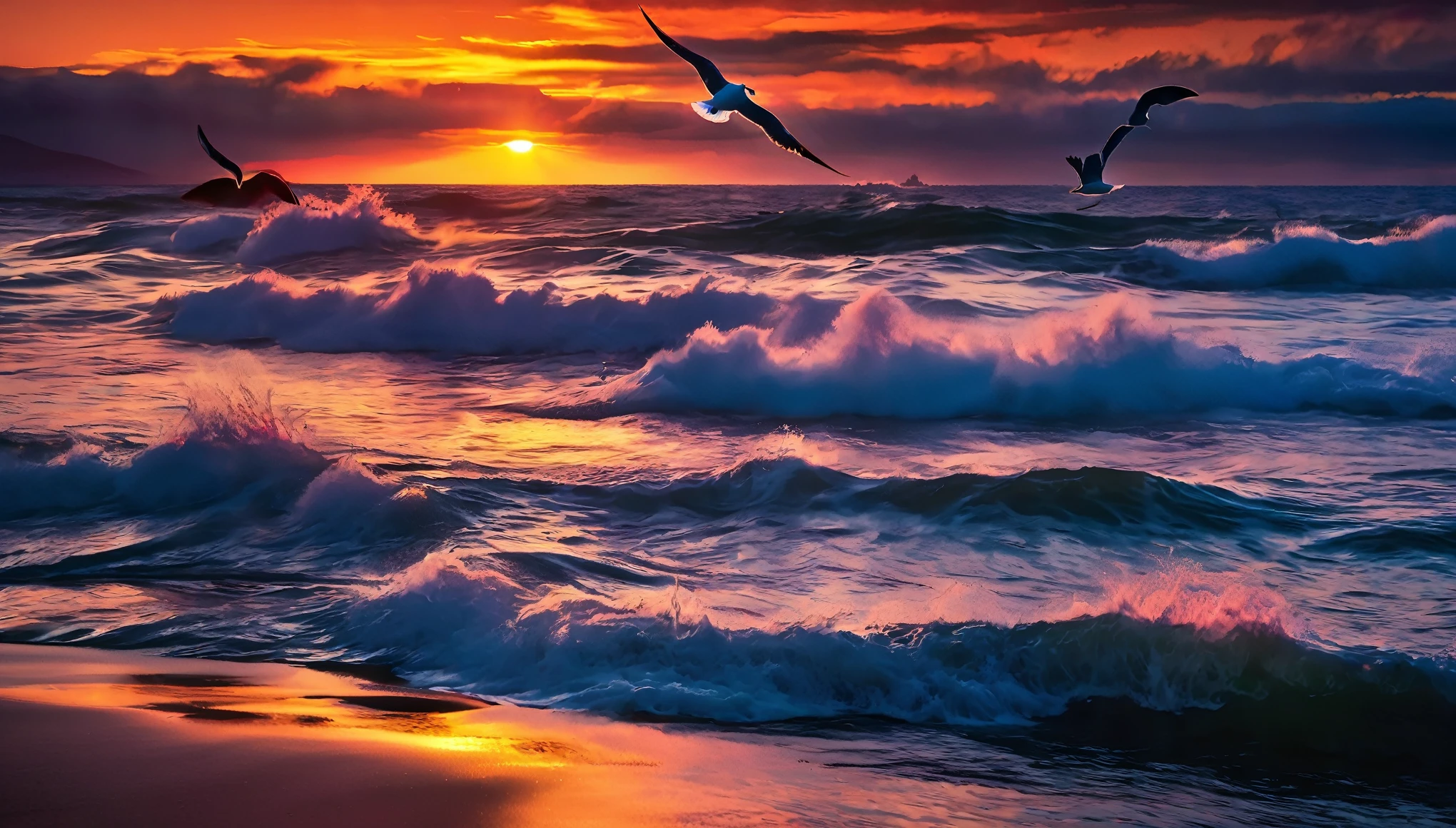 arafed view of a sunset over the ocean with waves crashing, three seagulls is flying toward the sun, chaotic sea setting, vibrant sunrise, breathtaking colors, breathtaking look, vibrant sunset, breathtaking composition, beautiful sea landscapes, stunning sunset, magnificent background, sunset glow, beautiful background, beautiful dreamy breathtaking, marc adamus, warm beautiful scene, epic sunset, beautiful sunset, beautiful sunset glow, beautiful ocean