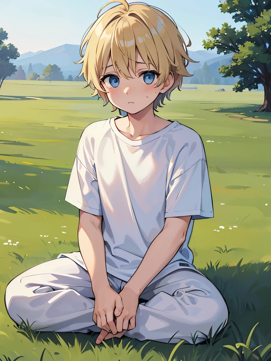 Baby boy,guy,,Sitting, sad expression,teary eyes,Short blonde hair,blue eyes,messy hair, wearing White t-shirt,plain t-shirt,long sleeve t-shirt, white shorts, Plain t-shirt,full body photo,Background of grass hills, at night