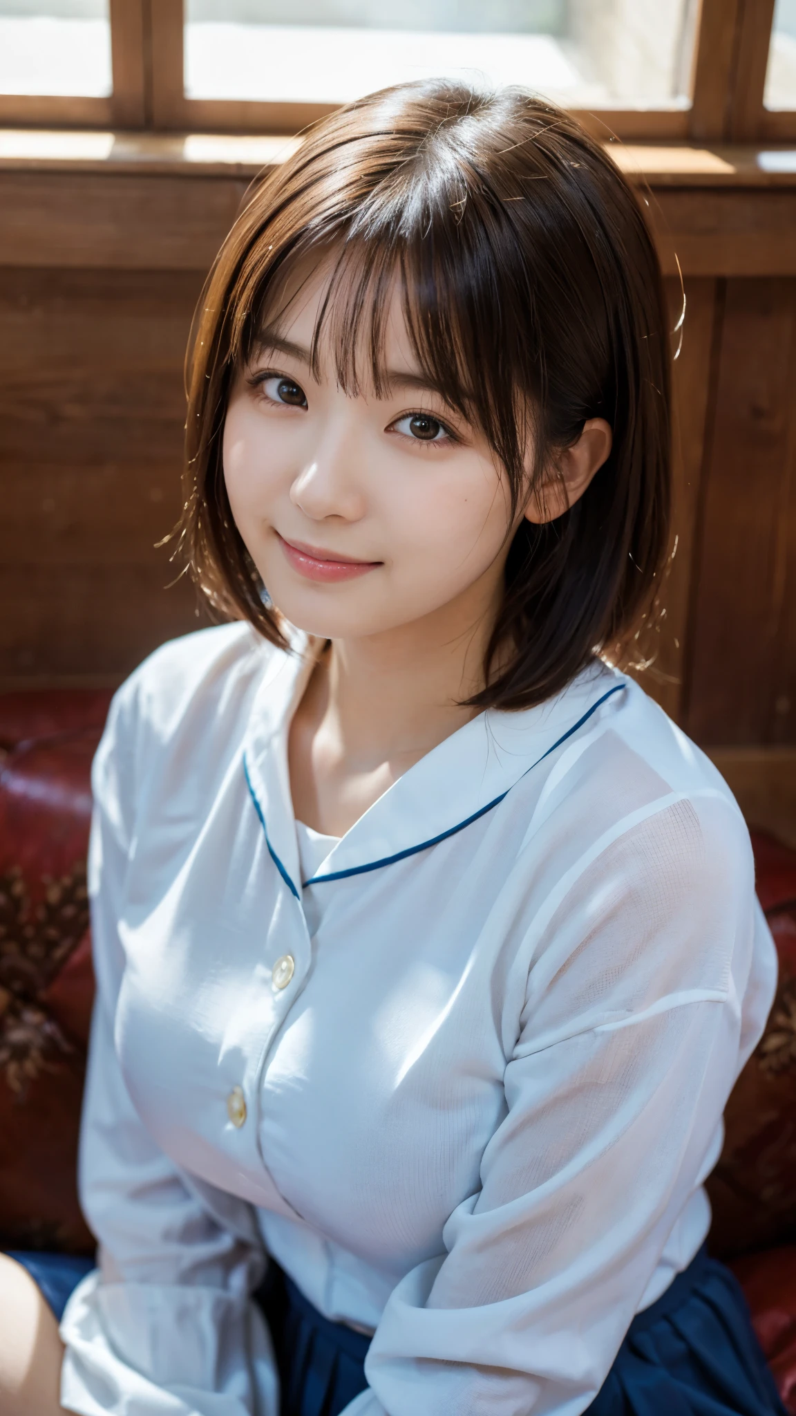 (highest quality,masterpiece:1.3,Ultra-high resolution),(Super detailed,Caustics,8k),(Photorealistic:1.4,RAW shooting),Inside the room,(girl sitting on the sofa),18-year-old,cute,Japanese,Short black hair,Big Breasts,Long sleeve sailor suit,(smile),Looking into the camera,(The warm spring sunshine shines in),(Bust up shot),Face Focus,Face close up,High angle,High Position,Natural light