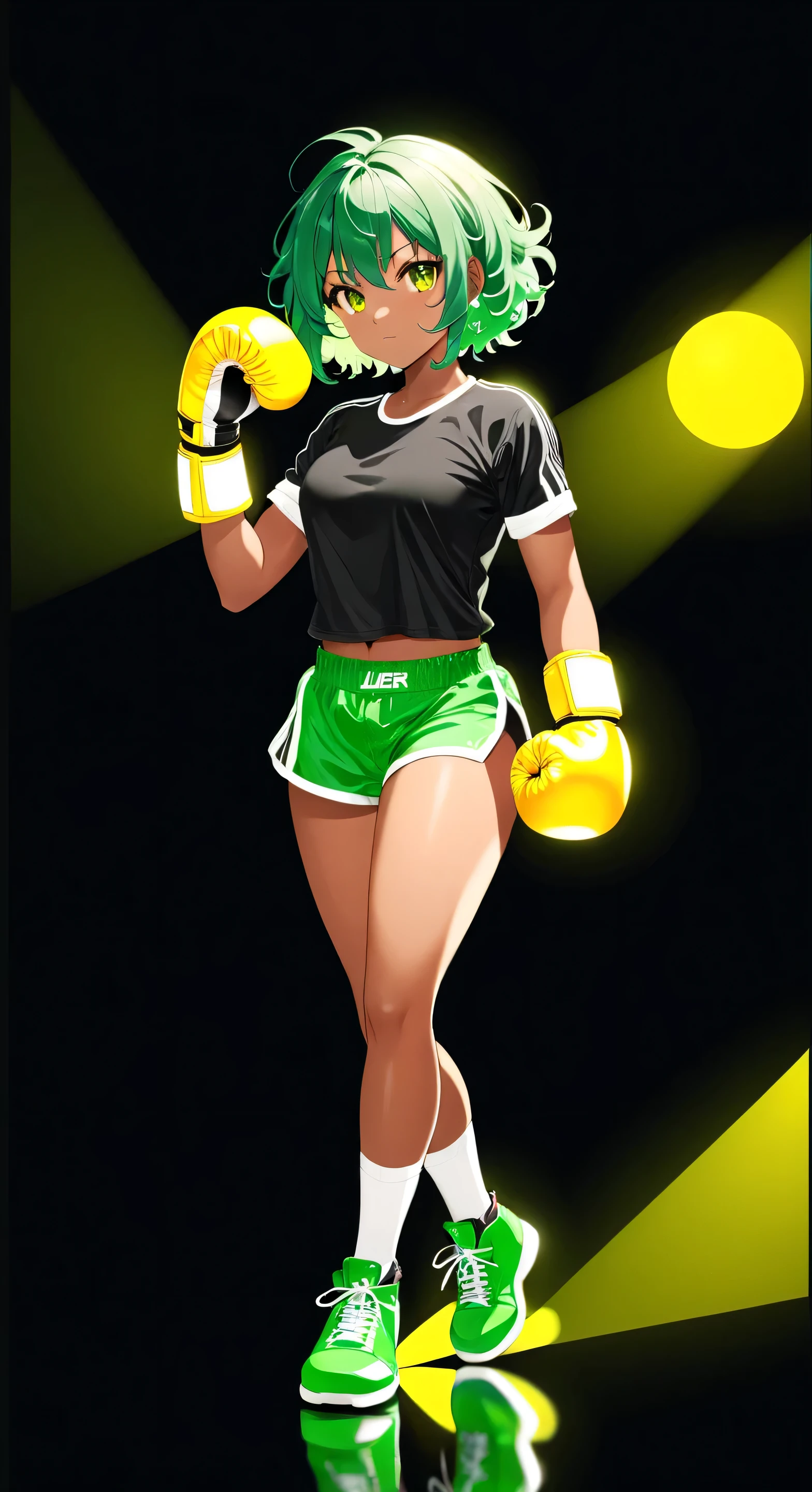 1girl, short_hair, short_sleeves, solo, boxer_girl, curly_green_hair, detailed_hair, dark_skin, detailed_natural_skin, boxer girl, detailed symmetrical large round magical yellow eyes, black background, soft natural lighting, backlighting, reflections, bright illuminations, closed fist, black boxing glove, deep dark black skin, green clothes with white details, full body