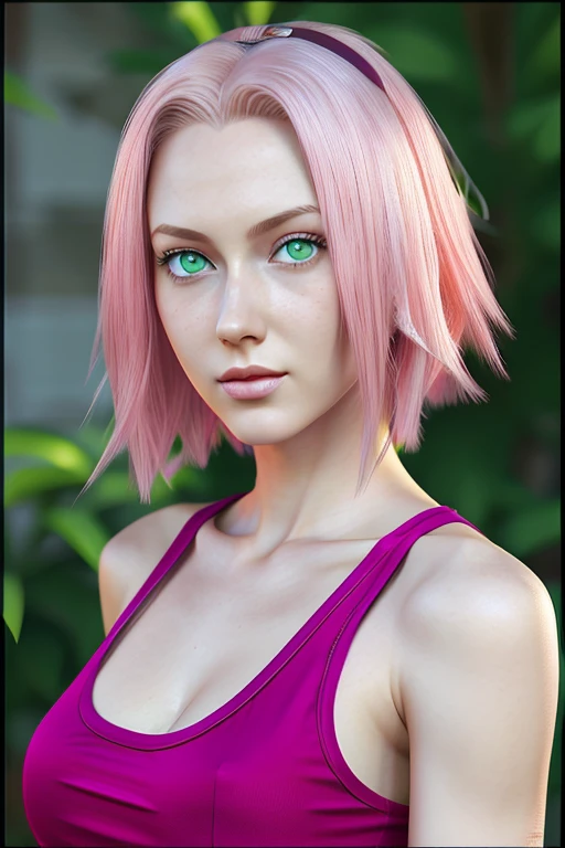 young woman, short shoulder-length pink hair, wide forehead, porcelain skin, pink eyebrows, big emerald green eyes, buttoned nose, full lips, heart-shaped face, slender body, small breasts, red tank top, Sakura Haruno , realistic, realism, details, 3d, well detailed
