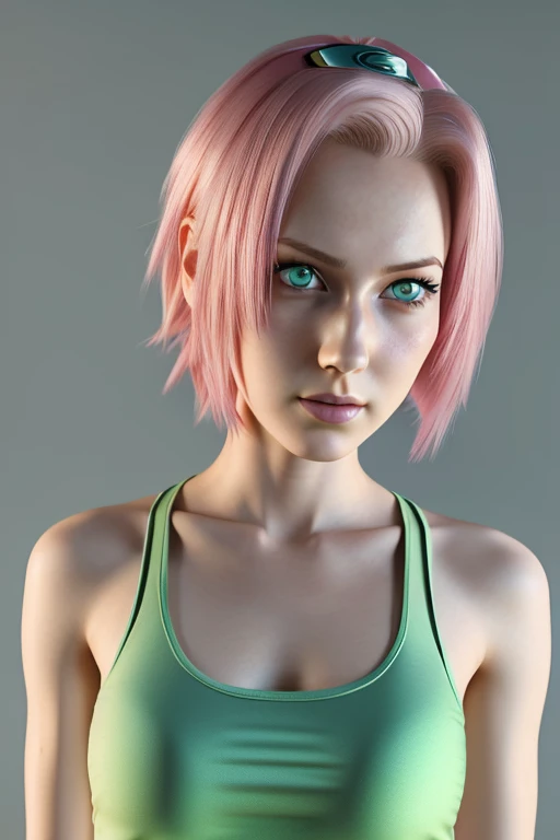 young woman, short shoulder-length pink hair, wide forehead, porcelain skin, pink eyebrows, big emerald green eyes, buttoned nose, full lips, heart-shaped face, slender body, small breasts, red tank top, Sakura Haruno , realistic, realism, details, 3d, well detailed