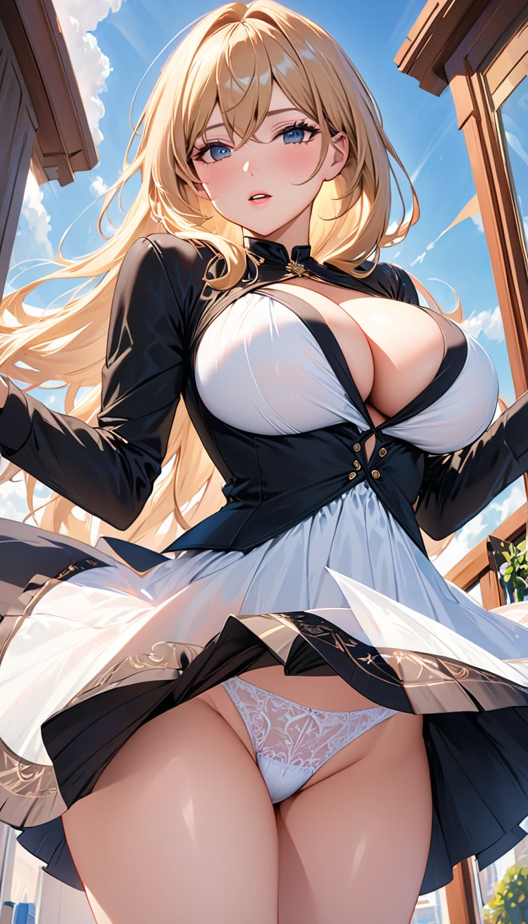 masterpiece:1.4,best-quality,Super Detail,Very Delicate and Beautiful, (( nsfw, low angle shot, underboob )), ((( She boldly flips up her skirt to show her panties ))), pretty slut, black miniskirt, panties, pussy juice, blonde long hair, very gigantic breasts, cleavage, very slender, perfect face