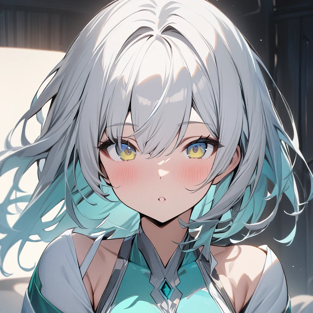 (front view),cute facing_viewer,(oneeyes),(1 girl), curvy Goddess,masterpiece, best quality, white background,from front, front view, [light silver and light azure, light yellow and light emerald, silver and azure, (light yellow and light silver eyes), (light white and light silver),hair] Solo focus
