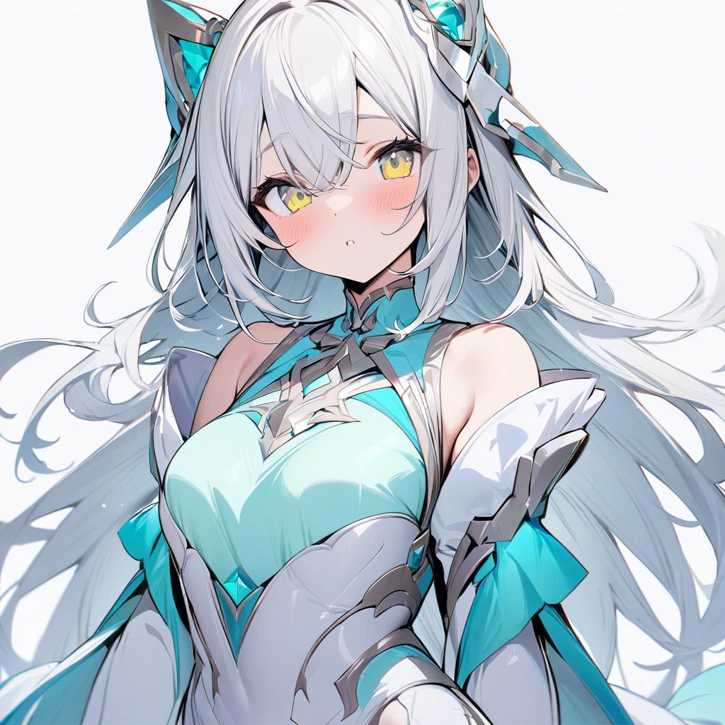 (front view),cute facing_viewer,(oneeyes),(1 girl), curvy Goddess,masterpiece, best quality, white background,from front, front view, [light silver and light azure, light yellow and light emerald, silver and azure, (light yellow and light silver eyes), (light white and light silver),hair] Solo focus