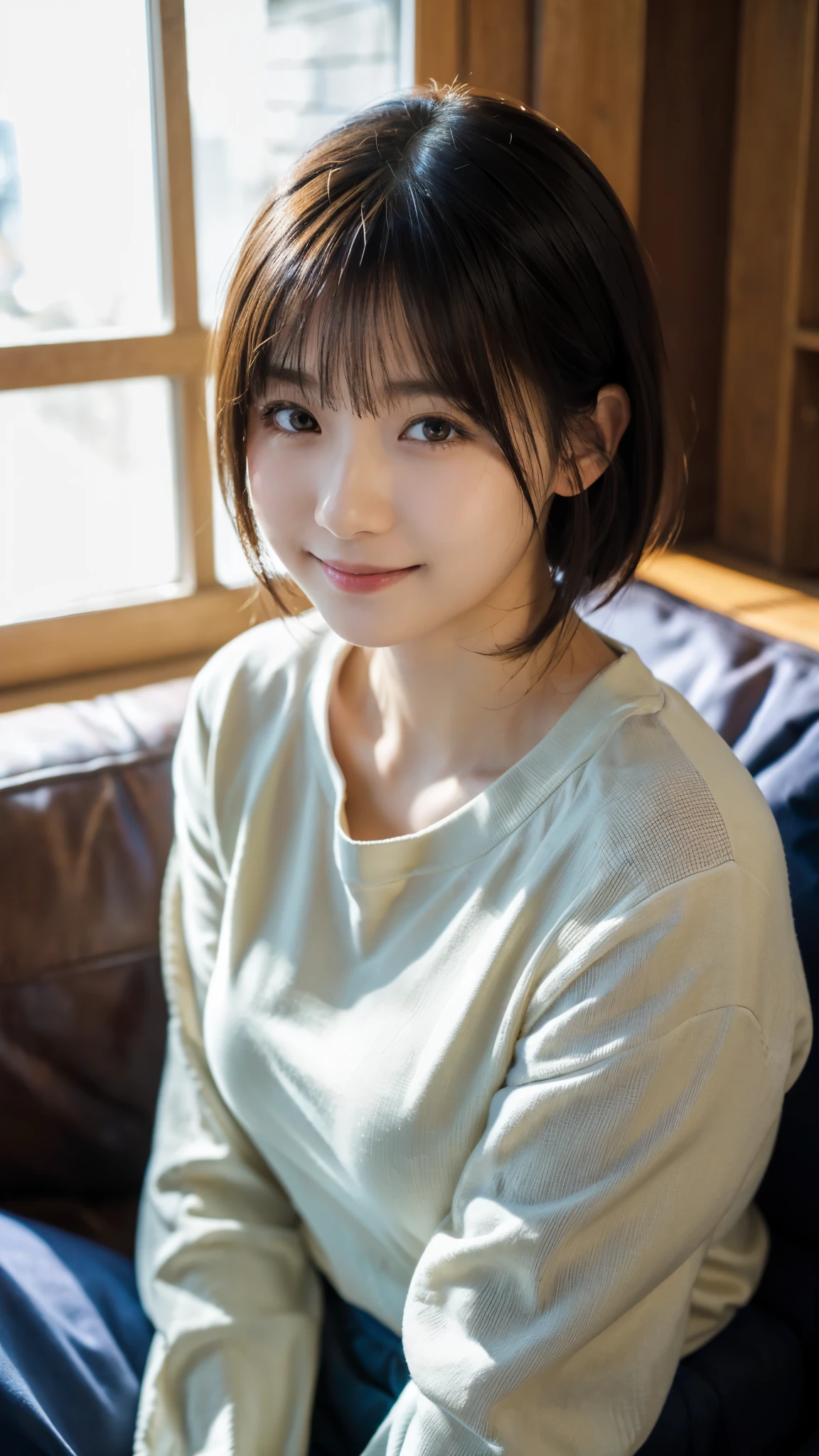 (highest quality,masterpiece:1.3,Ultra-high resolution),(Super detailed,Caustics,8k),(Photorealistic:1.4,RAW shooting),Inside the room,(girl sitting on the sofa),18-year-old,cute,Japanese,Short black hair,Big Breasts,Long sleeve sailor suit,(smile),Looking into the camera,(The warm spring sunshine shines in),(Bust up shot),Face Focus,Face close up,High angle,High Position,Natural light