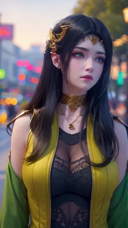 (8k, best quality, masterpiece:1.2), (Practical, Photo-realistic:1.37), Super detailed,best quality, Ultra-high resolution, Professional lighting, Photon Mapping, Wireless City, Physically Based Rendering, Movie Lighting, pedestrian mall,Depth of field when it rains, Sharp focus,Sunlight, Well structured,(Bokeh:1.2) 1 girl,Solitary,(Close-up view),Beautiful and delicate eyes, Smiley Face, posture, Willow Waist,(Huge breasts、Cleavage, cleveage、Big Ass、Thick thighs)), Perfect body、 , (Casual colorful clothes), Black Hair,Messy hair,Long hair fluttering in the wind,(ulzzang-6500:1.2)