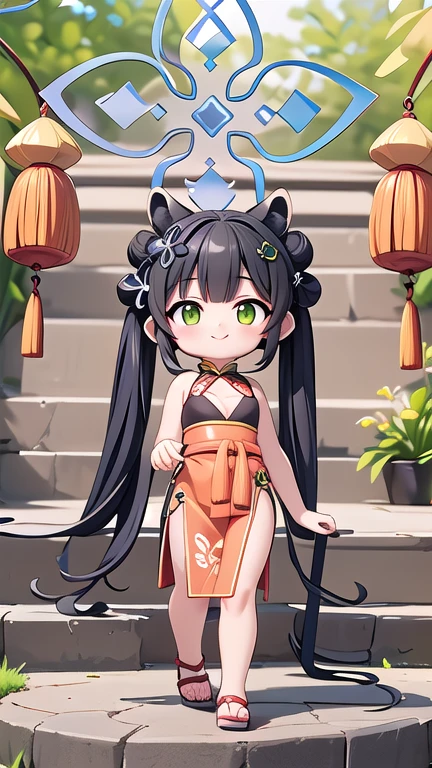 shun_bluearchive, one girl with long twintail bun hair, skirtlift,looking at viewer, little smile,chinese dress, flower pattern, sleeveless, outdoor, festival, temple, slim, dizzy, big-chest, wide hips, perfect waist, day atmosphere, hair ornament, standing, full body,chibi